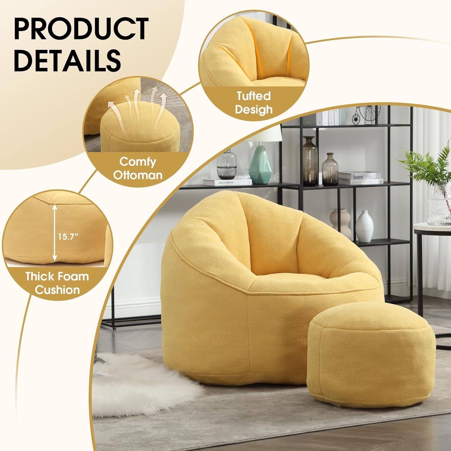 PRODUCT DETAILS

- Tufted Design
- Comfy Ottoman
- Thick Foam Cushion
- 15.7"