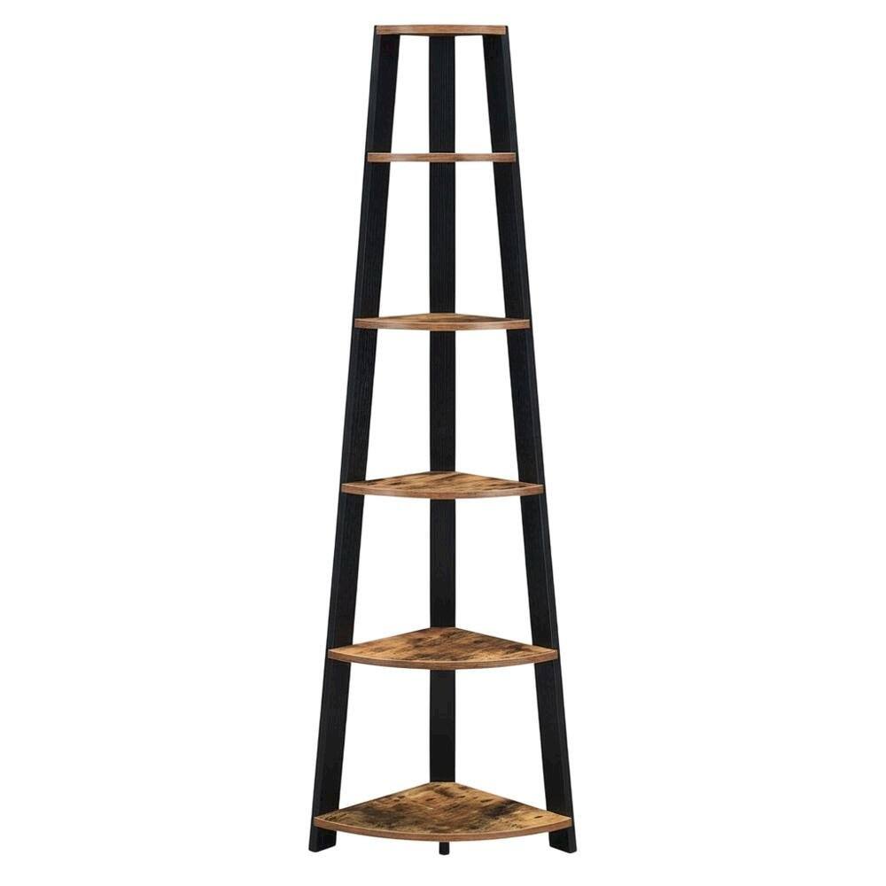 Angle. FurniFact - Contemporary Barnwood - Black 5-Tier Corner Bookshelf with Particle Board Design - Barnwood.