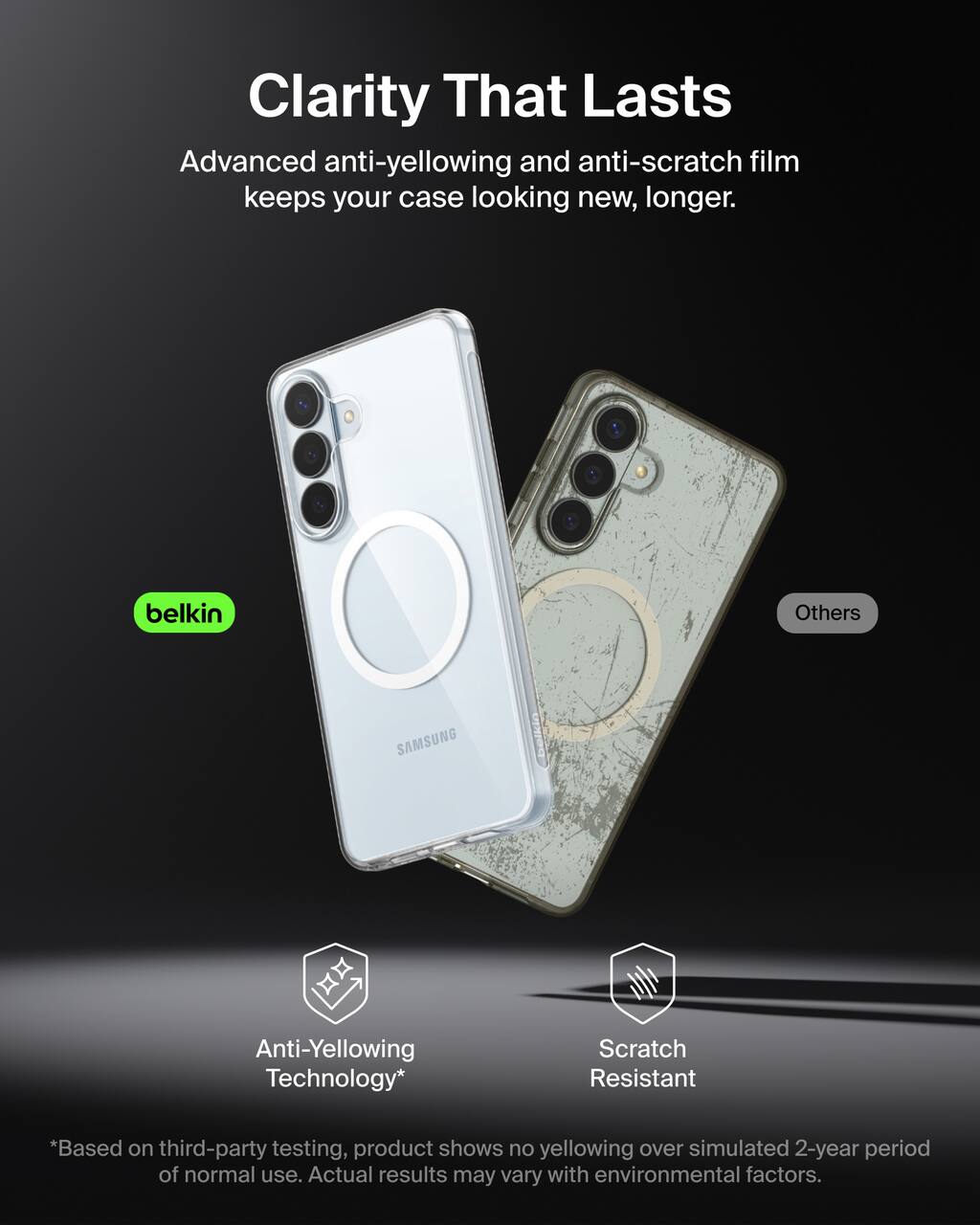 Clarity That Lasts  
Advanced anti-yellowing and anti-scratch film keeps your case looking new, longer.

belkin  
Others

Anti-Yellowing Technology*  
Scratch Resistant

*Based on third-party testing, product shows no yellowing over simulated 2-year period of normal use. Actual results may vary with environmental factors.