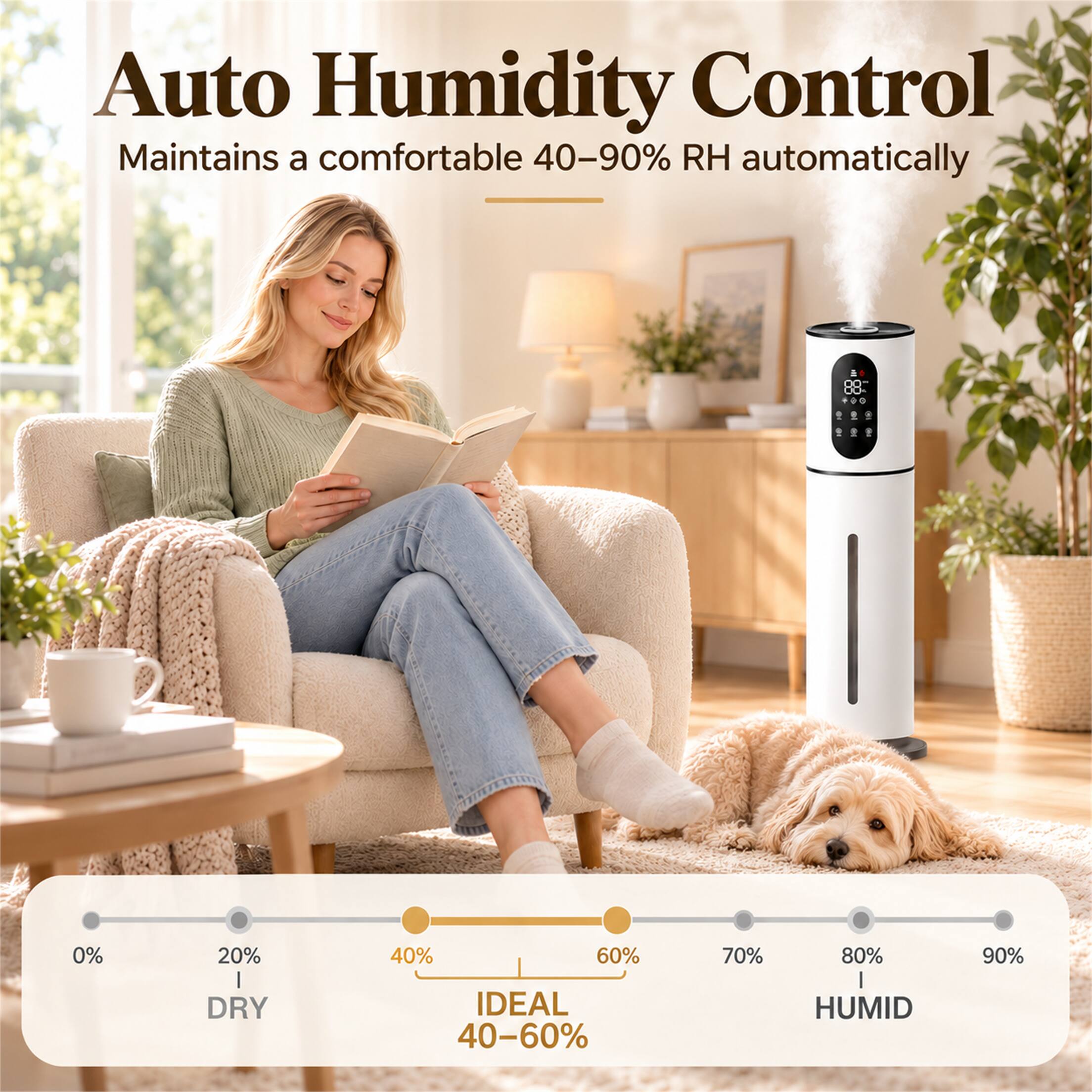 Auto Humidity Control Maintains a comfortable 40-90% RH automatically

0% 20% DRY 40% 60% IDEAL 40-60% 70% 80% HUMID 90%