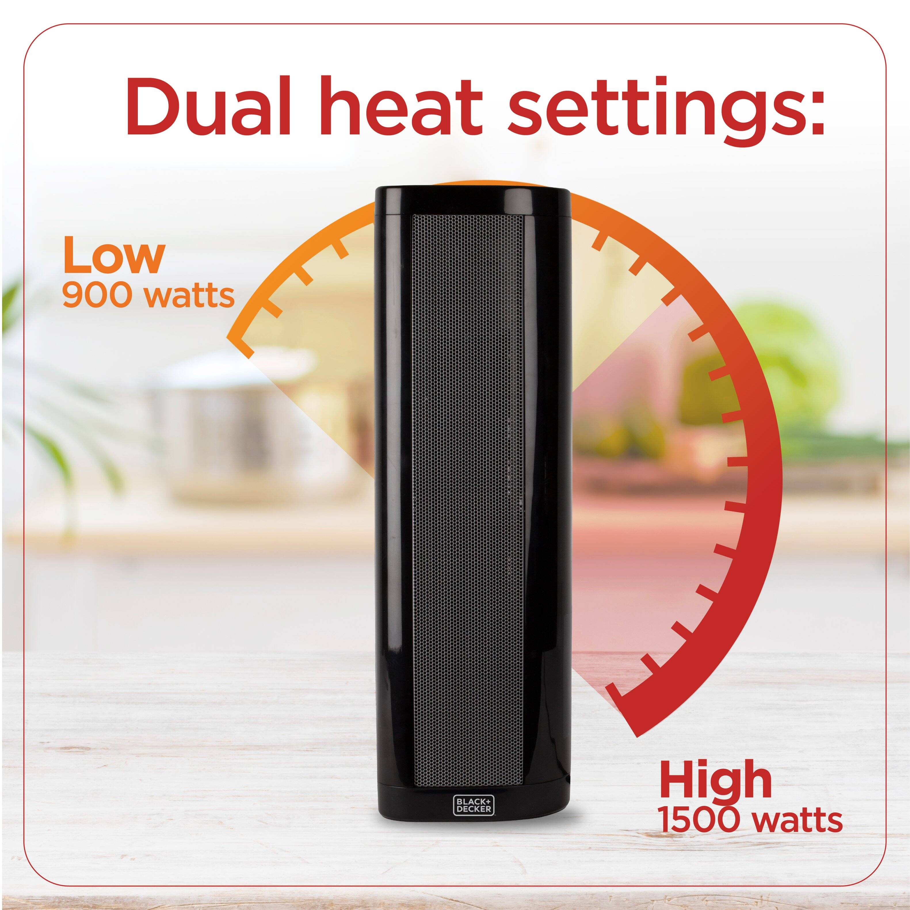 Dual heat settings: Low 900 watts High 1500 watts BLACK+ DECKER