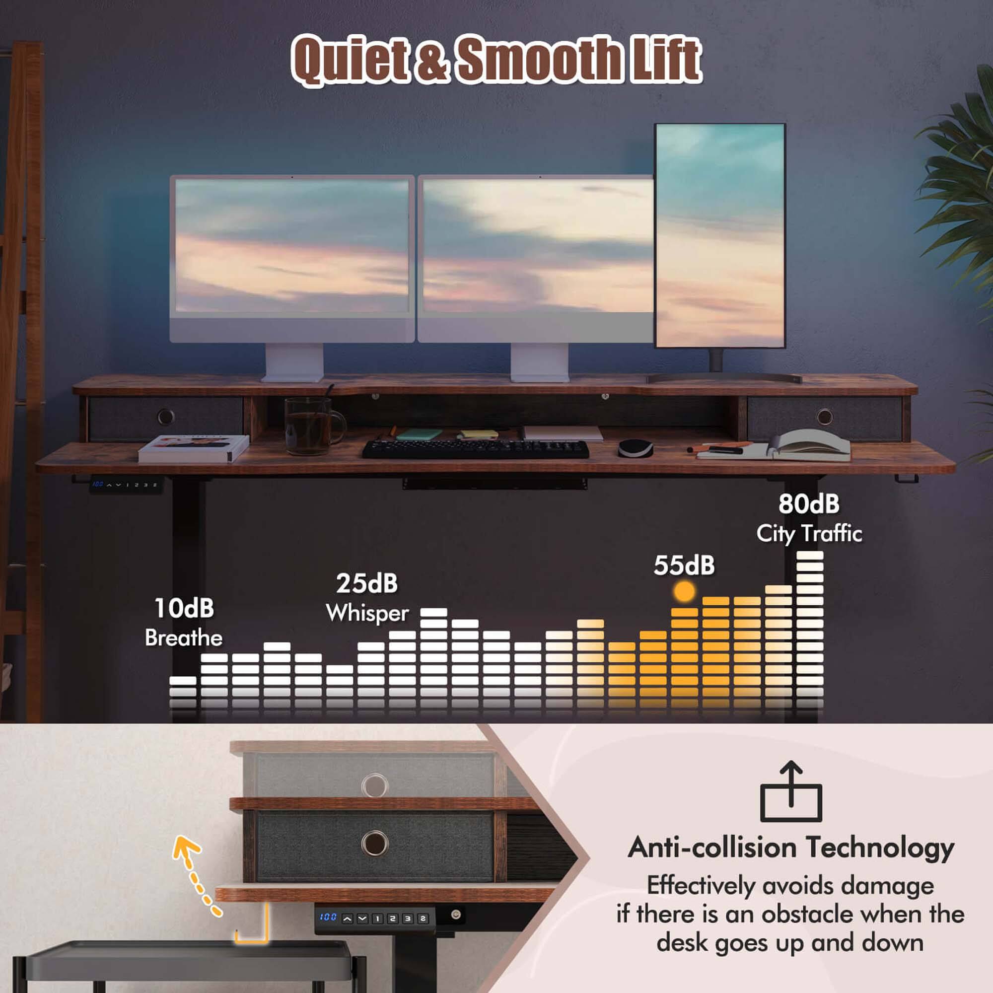 Quiet & Smooth Lift

10dB Breathe  
25dB Whisper  
55dB  
80dB City Traffic

Anti-collision Technology  
Effectively avoids damage if there is an obstacle when the desk goes up and down