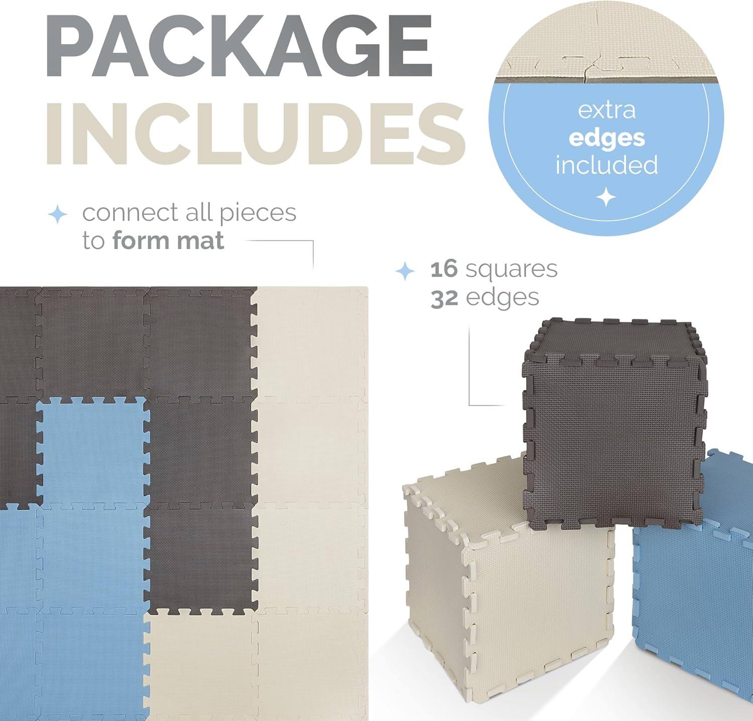 PACKAGE INCLUDES
extra edges included
connect all pieces to form mat
16 squares 32 edges