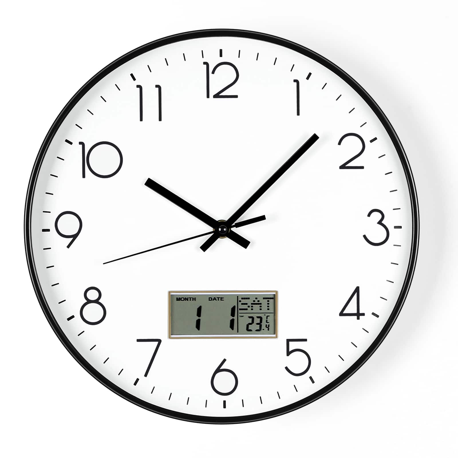 Oumilen - 12" Wall Clock with Digital Calendar Display - Black