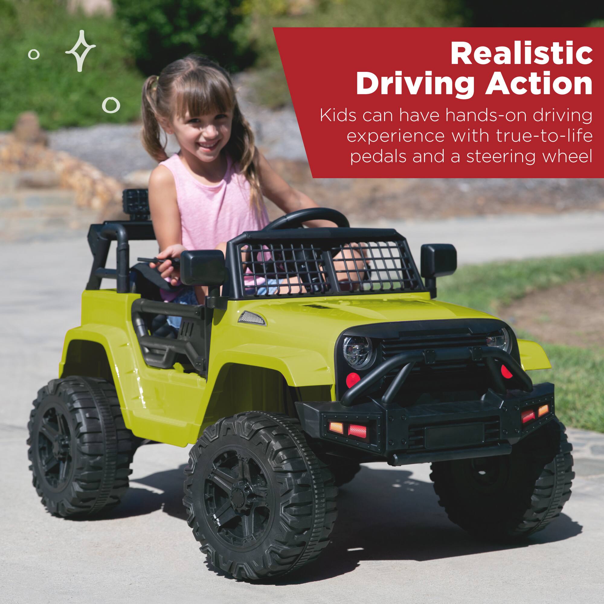 Realistic Driving Action: Kids can have hands-on driving experience with true-to-life pedals and a steering wheel.