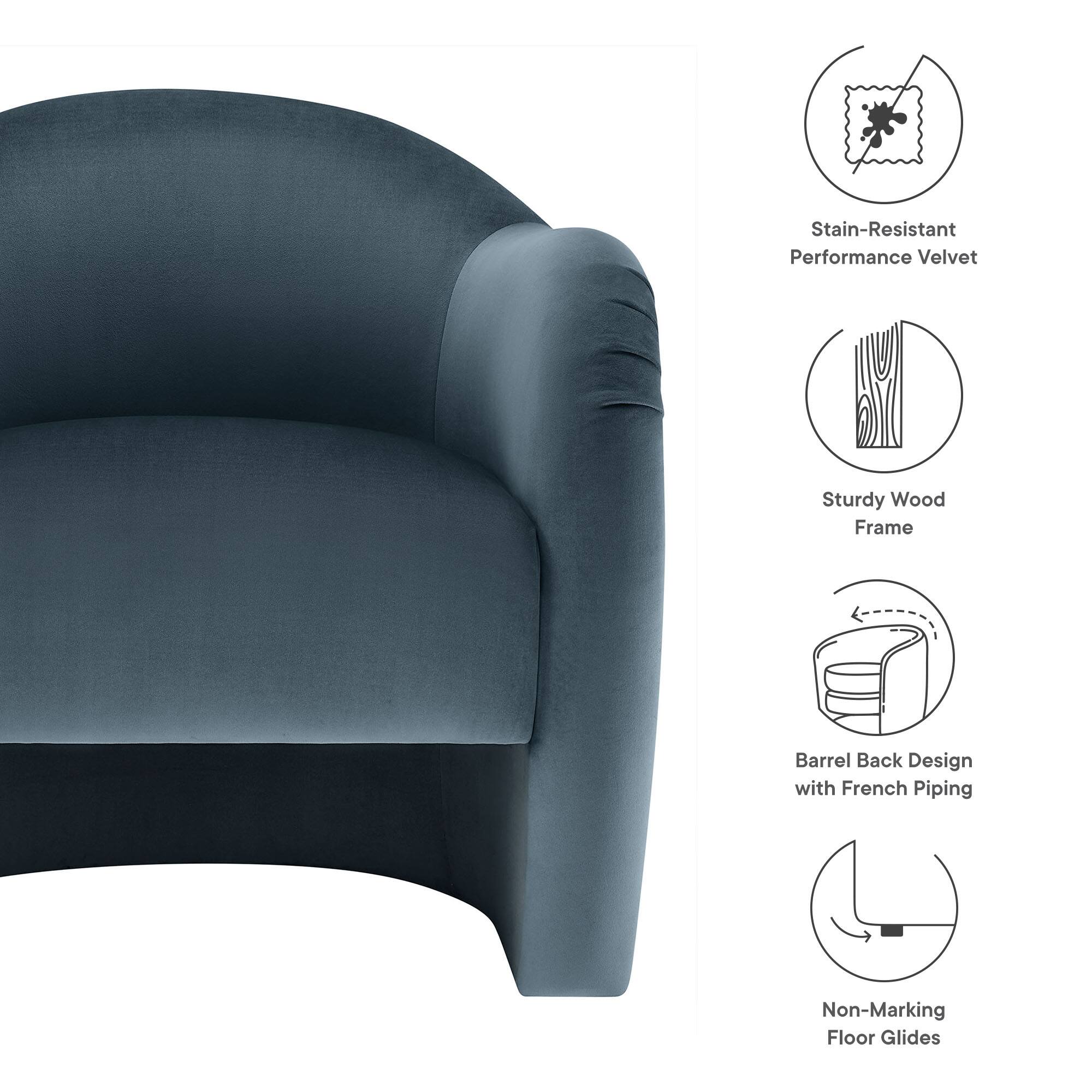 - Stain-Resistant Performance Velvet
- Sturdy Wood Frame
- Barrel Back Design with French Piping
- Non-Marking Floor Glides