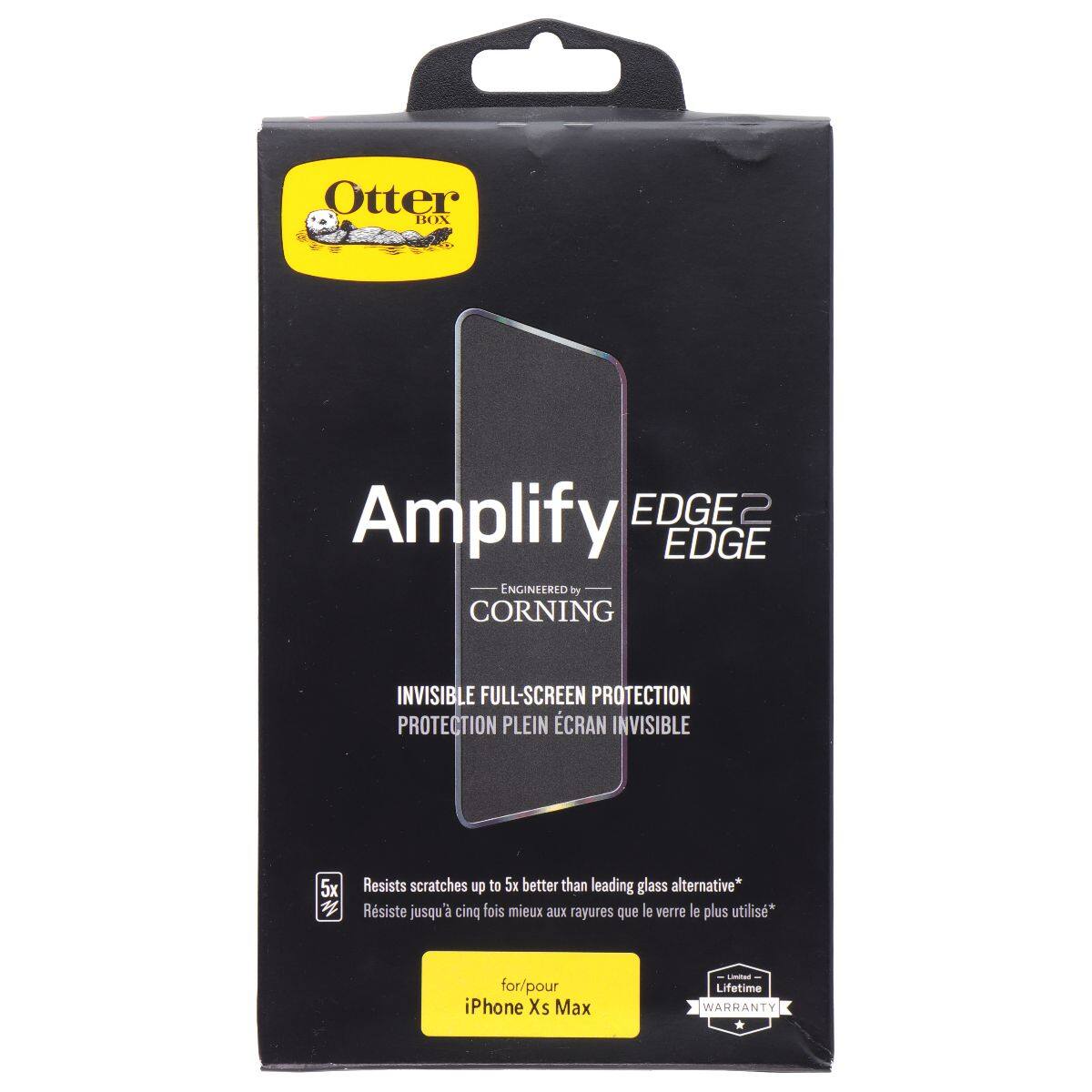 Otter BOX Amplify EDGE2 EDGE ENGINEERED by CORNING INVISIBLE FULL-SCREEN PROTECTION PROTECTION PLEIN CRAN INVISIBLE 5x Resists scratches up to 5x better than leading glass alternative* Résiste jusqu'à cinq fois mieux aux rayures que le verre le plus utilisé* for/pour iPhone Xs Max Lifetime WARRANTY