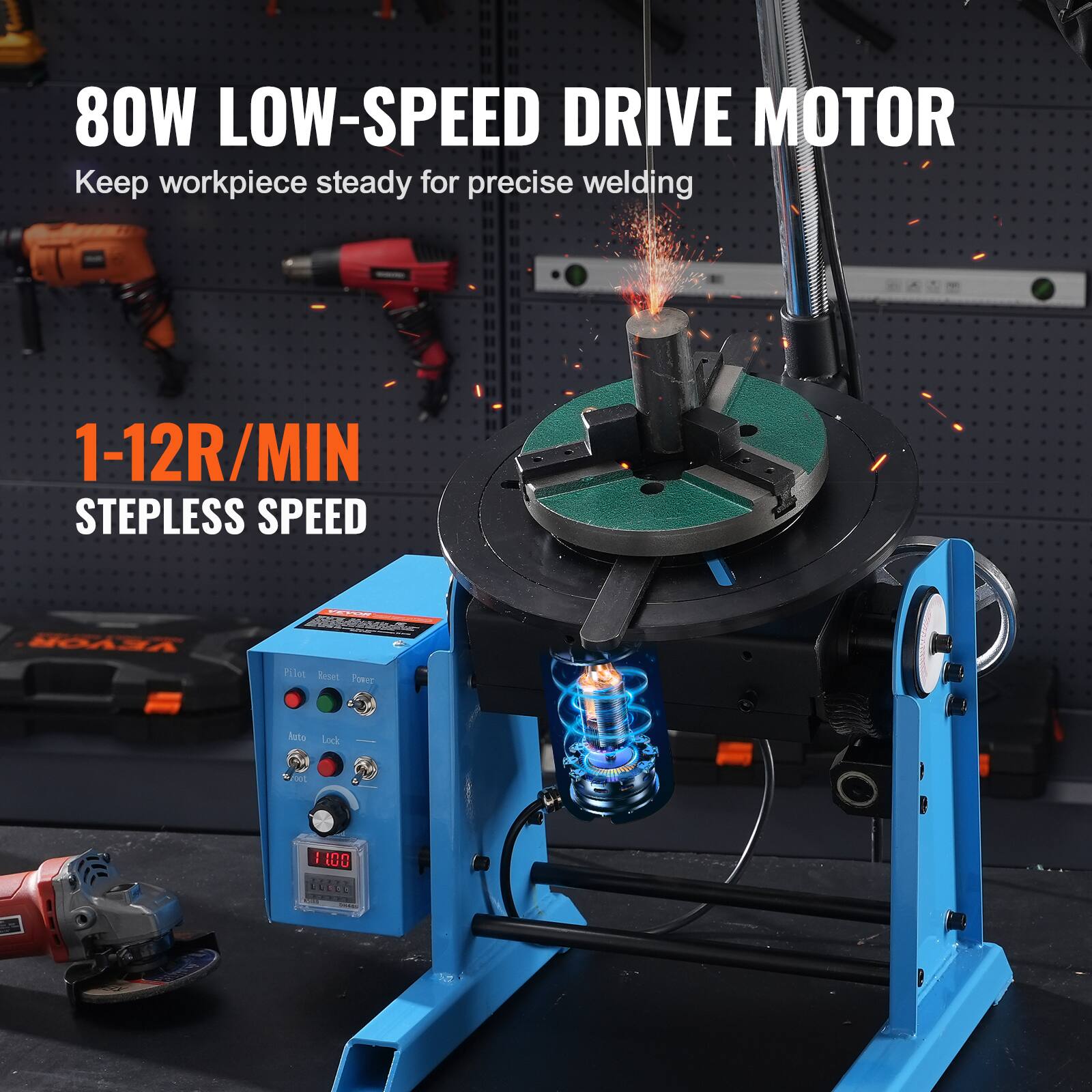 80W LOW-SPEED DRIVE MOTOR  
Keep workpiece steady for precise welding  
1-12R/MIN  
STEPLESS SPEED