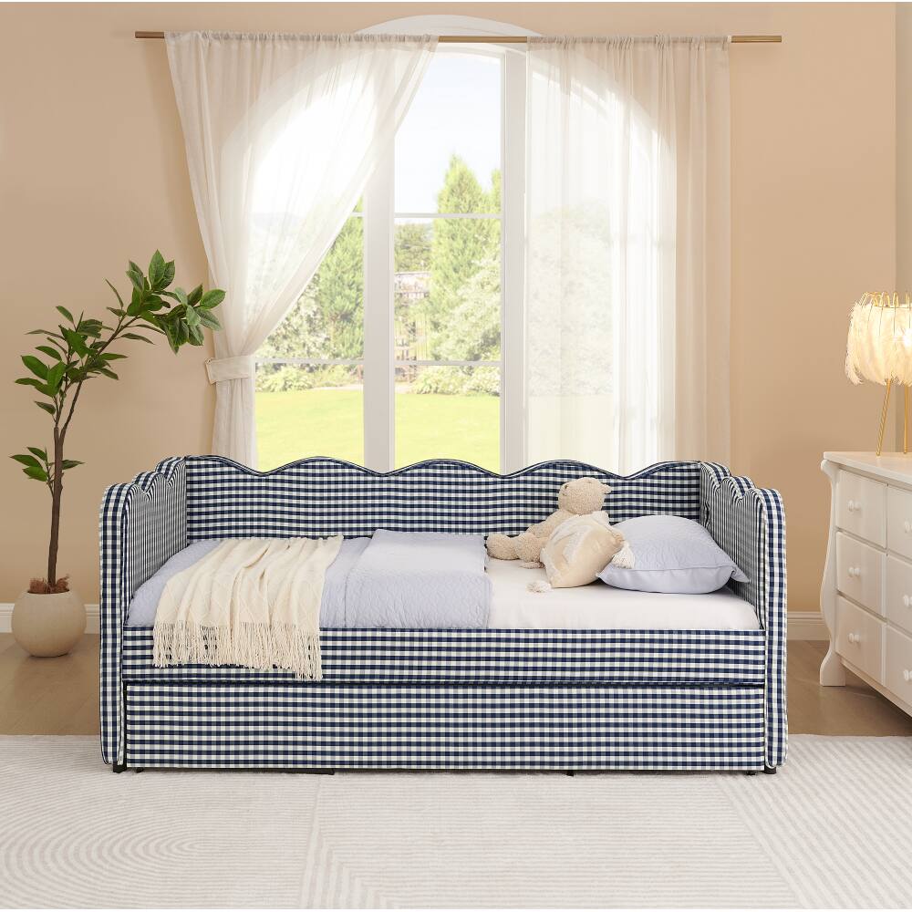 Back. JUJABU - Blue Cozy Gingham Daybed with Twin Size Trundle No Box Spring Needed, with USB Port and Adorable Wave Shaped - Blue.