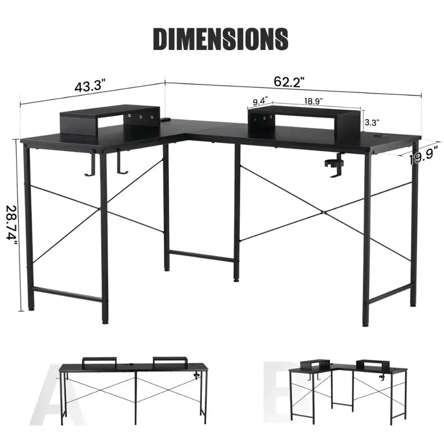 DIMENSIONS: 43.3" 62.2" 9.4" 18.9"

1. 3.3" 19.9" 28.74"