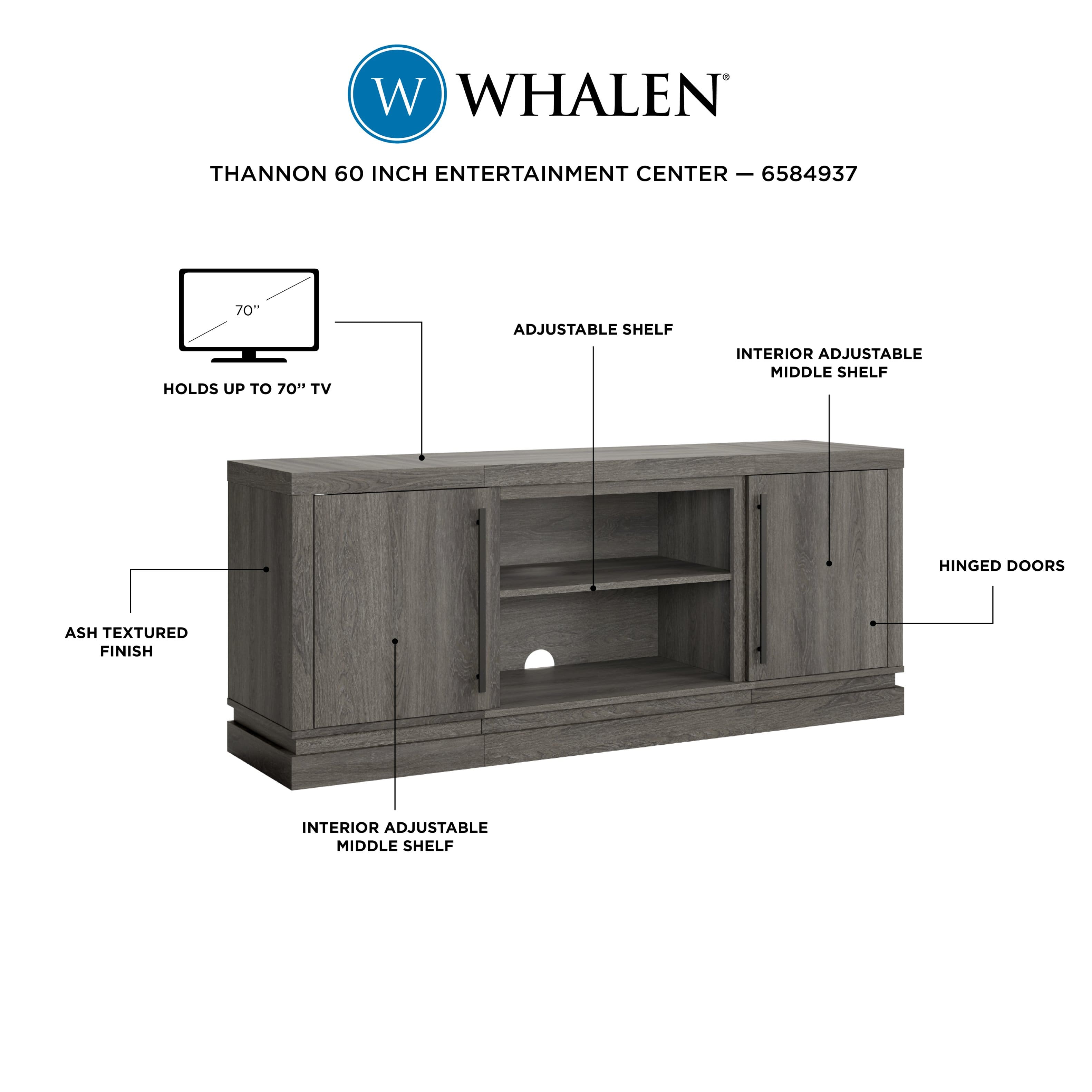W Whalen Thannon 60 Inch Entertainment Center - -6584937 70" Adjustable Shelf Holds Up to 70" TV Interior Adjustable Middle Shelf Hinged Doors Ash Textured Finish Interior Adjustable Middle Shelf