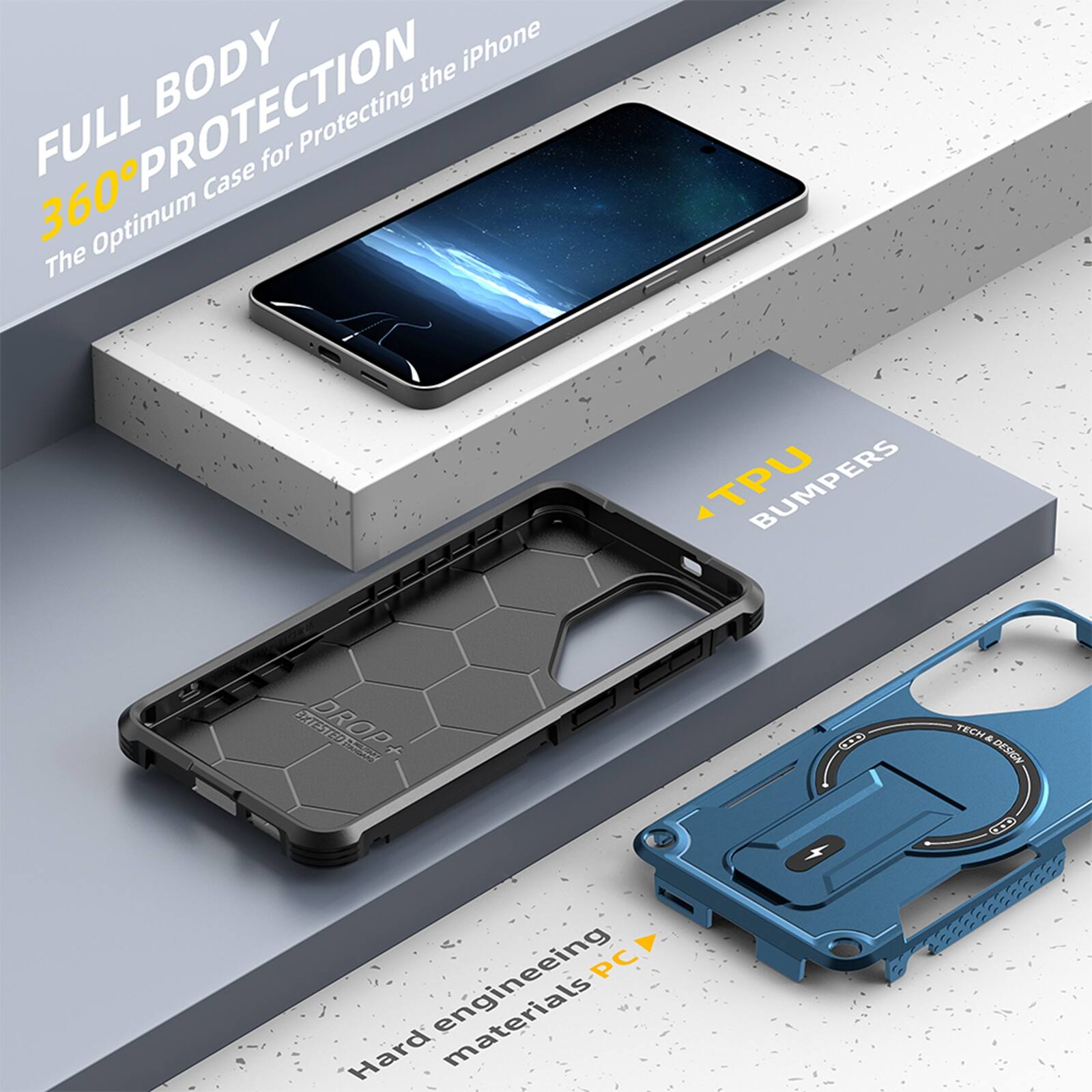 FULL BODY 360° PROTECTION  
The Optimum Case for Protecting the iPhone  

TPU BUMPERS  

Hard engineering materials PC  

TECH & DESIGN