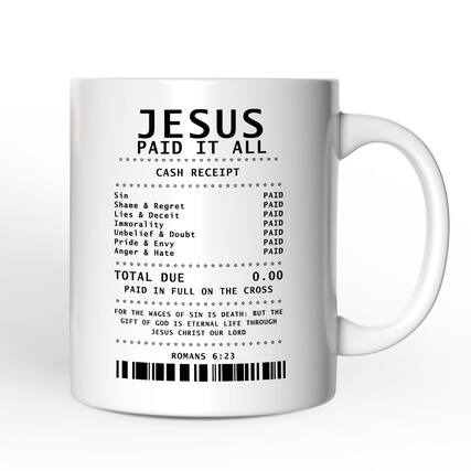 JESUS PAID IT ALL
CASH RECEIPT
Sin
Shame & Regret
Lies & Deceit
Immorality
Unbelief & Doubt
Pride & Envy
Anger & Hate
PAID
PAID
PAID
PAID
PAID
PAID
PAID
TOTAL DUE
0.00
PAID IN FULL ON THE CROSS
FOR THE WAGES OF SIN IS DEATH: BUT THE GIFT OF GOD IS ETERNAL LIFE THROUGH JESUS CHRIST OUR LORD
ROMANS 6:23