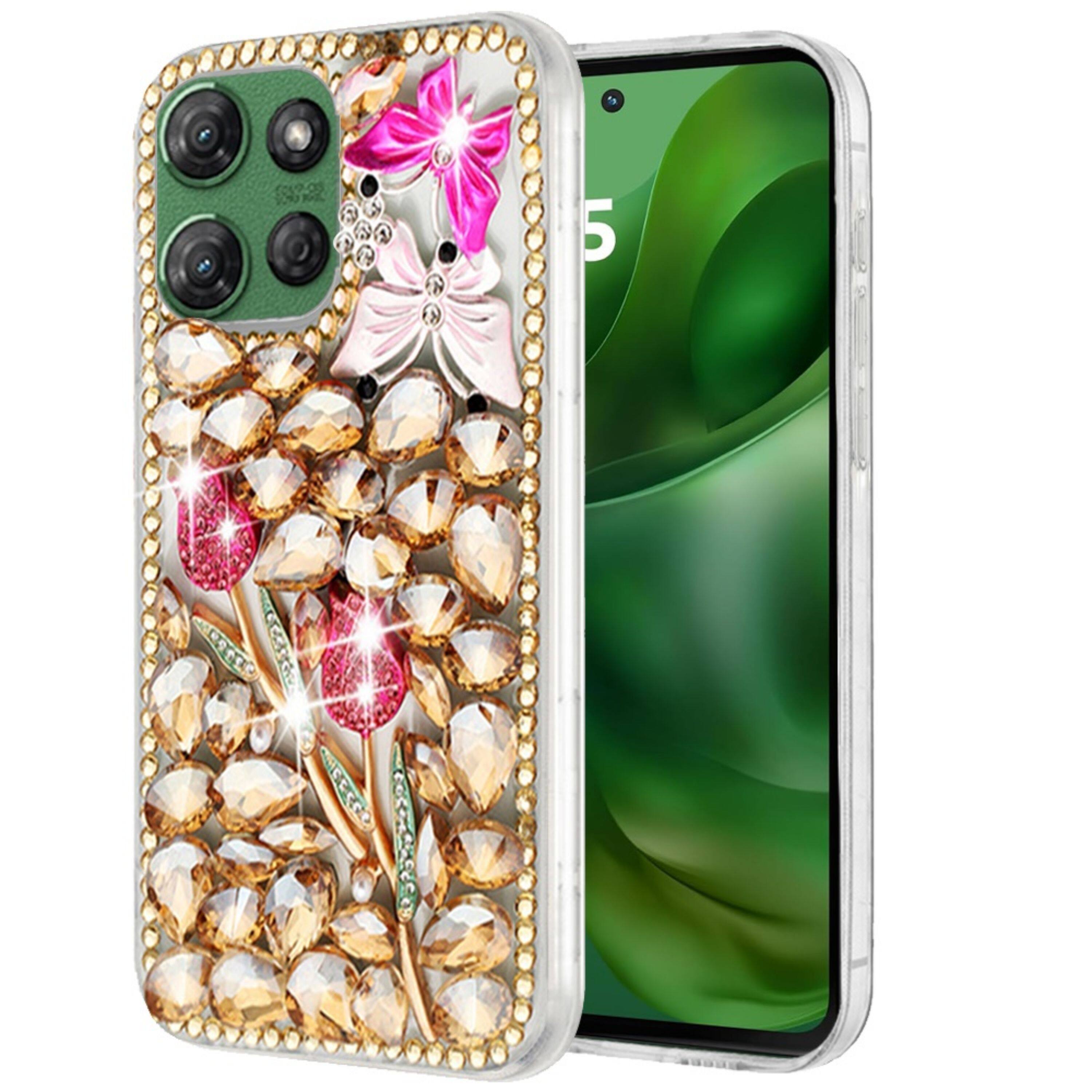 Left. Kitcheniva - Luxury 3D Faux Diamond Jewel Case With Tempered Glass For Moto G Power 2025/2026 Gold Exquisite - Multicolor.