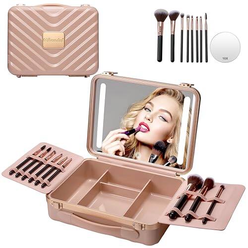 Earthley Blooms - Travel Makeup Case With Lighted Mirror 8 Brushes & 10x Magnifying Adjustable Brightness White - Pink