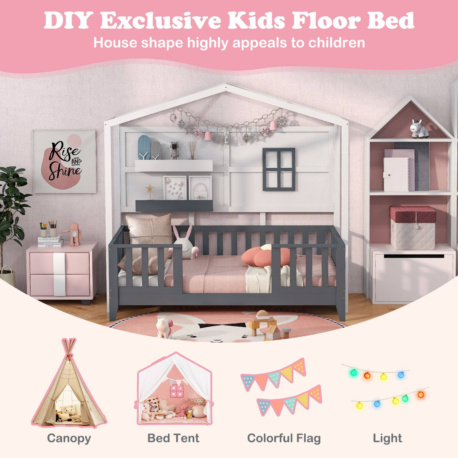 Alt View 7. Costway - Costway Twin Size Kids House Bed with Fence Window Wooden Slats & 2 Storage Shelves - White,Gray.