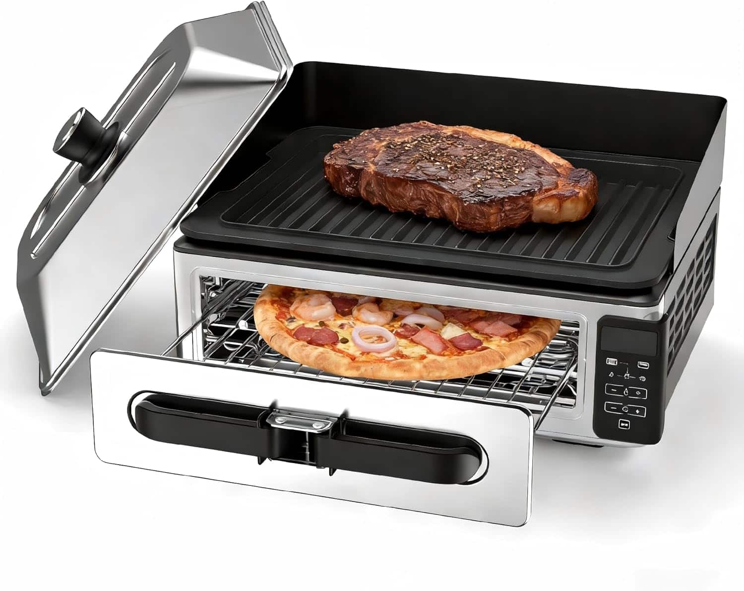 Sweet - Electric Grill Indoor for Steak and Veggies, Smokeles Griddle Countertop Oven with Grill Plate/Splash Guard/Crumb Tray - Stainless Steel