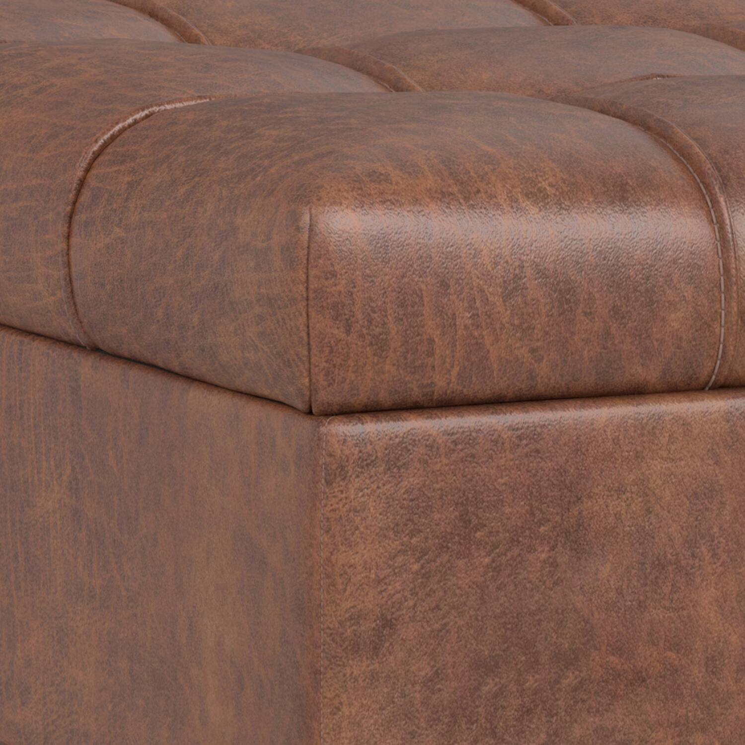 Alt View 8. Simpli Home - Mariah 34 inch Contemporary Rectangle Coffee Table Storage Ottoman in Distressed Saddle Brown Faux Leather, Assembled - Distressed Saddle Brown.