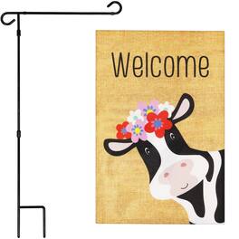 G128 - Garden Flag Stand with 12 x 18 in Double-Sided Burlap Flag — Welcome Cow with Flowers, 36 x 16 in - Assorted Colors