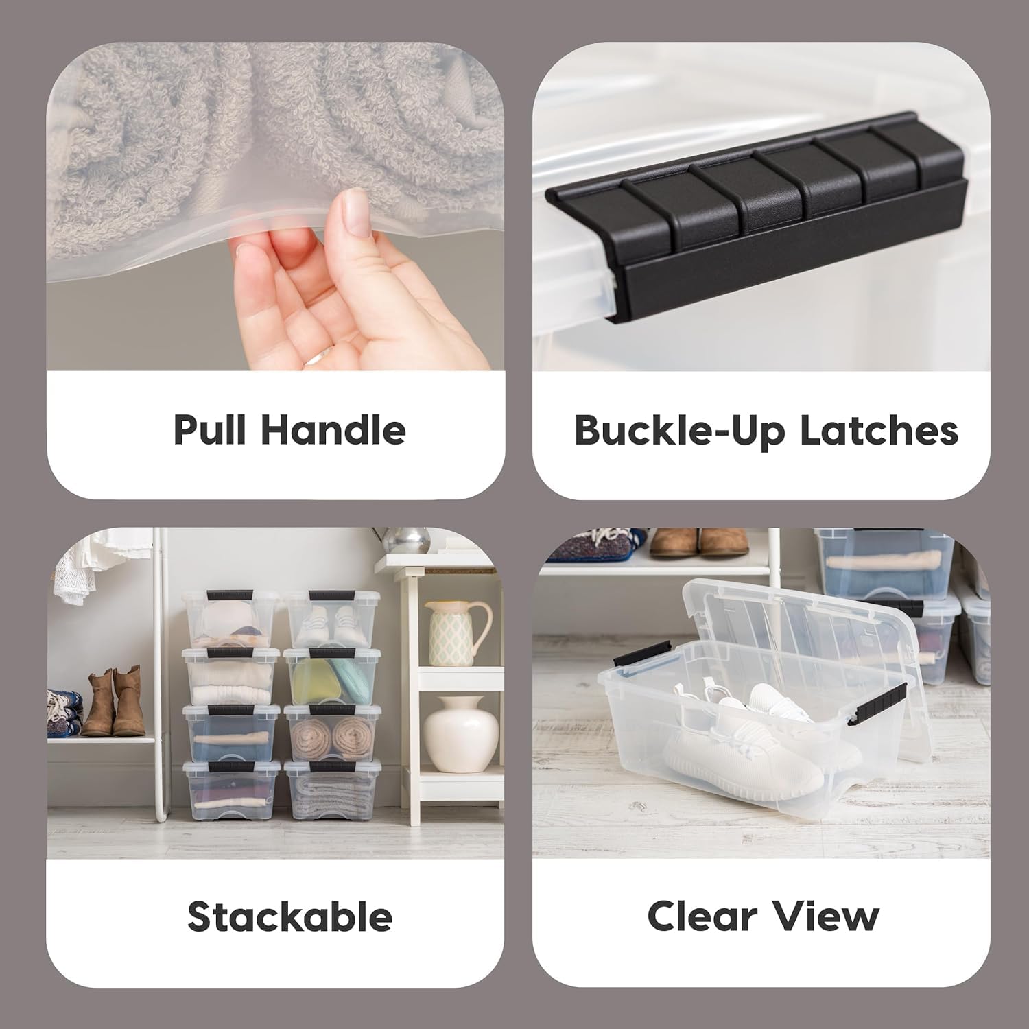 - Pull Handle
- Buckle-Up Latches
- Stackable
- Clear View