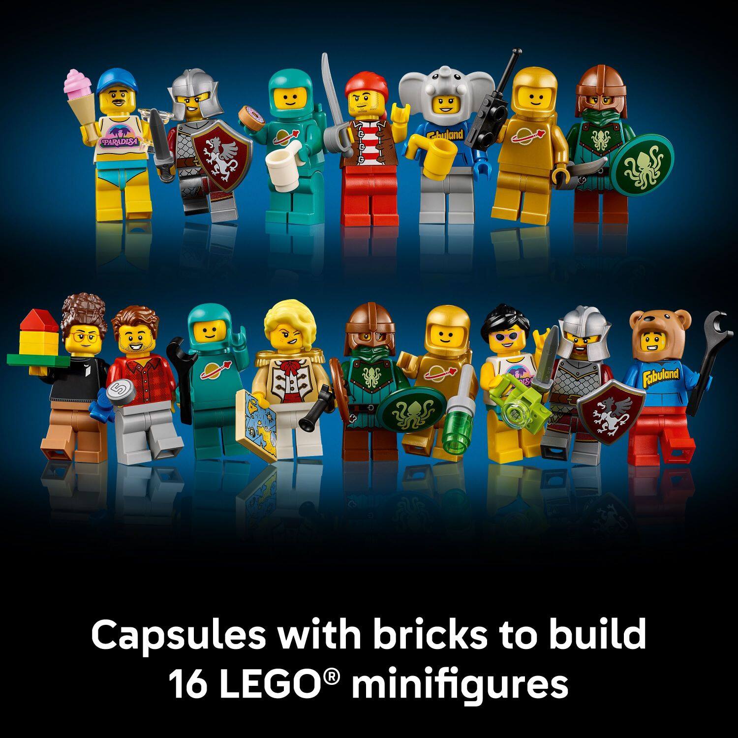 PARADISE  
Fabuland  

Capsules with bricks to build 16 LEGO® minifigures