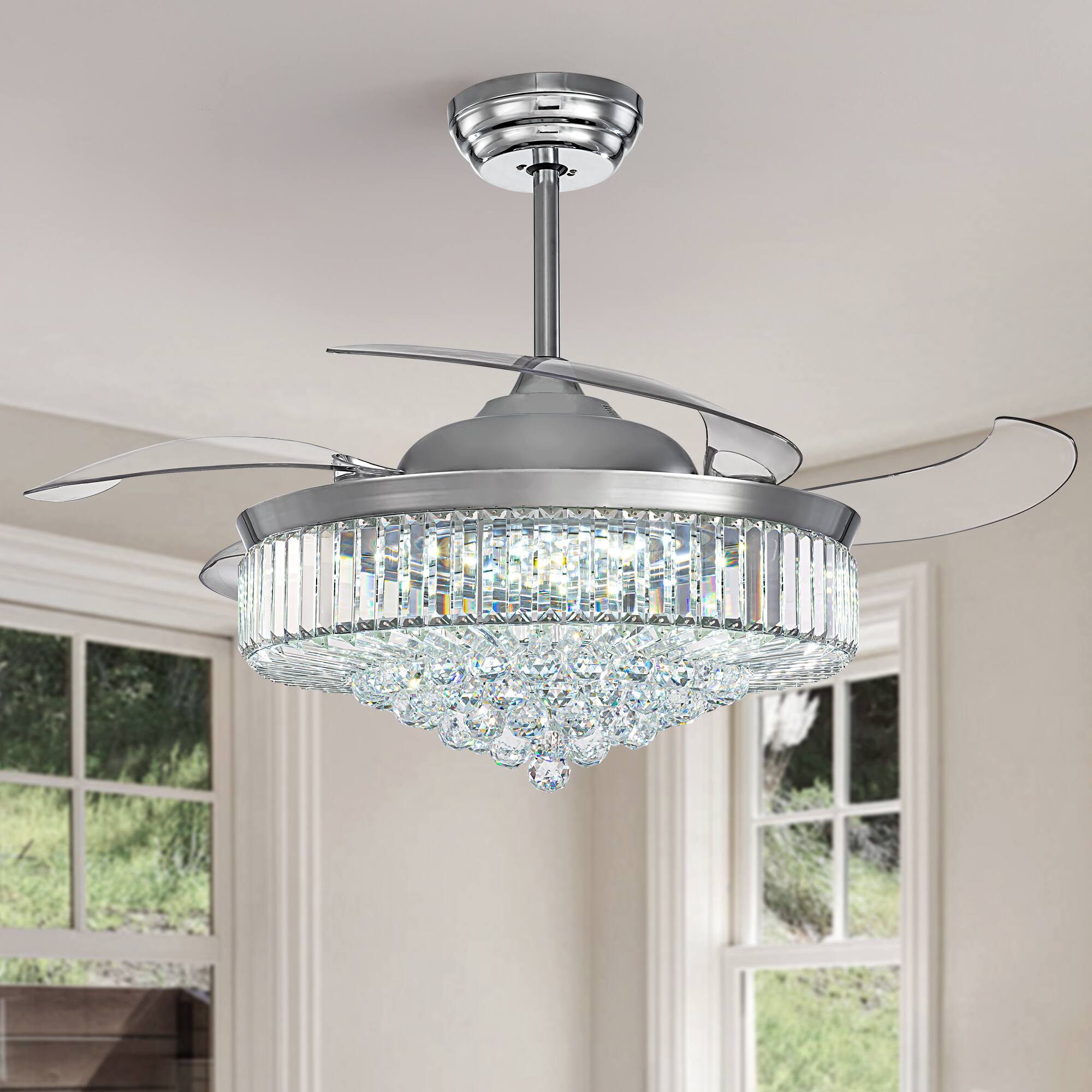 Angle. Siljoy - 52 Inch Crystal Retractable Ceiling Fan with LED Light Remote and App Control for Bedroom Kitchen and Living Room - Chrome.