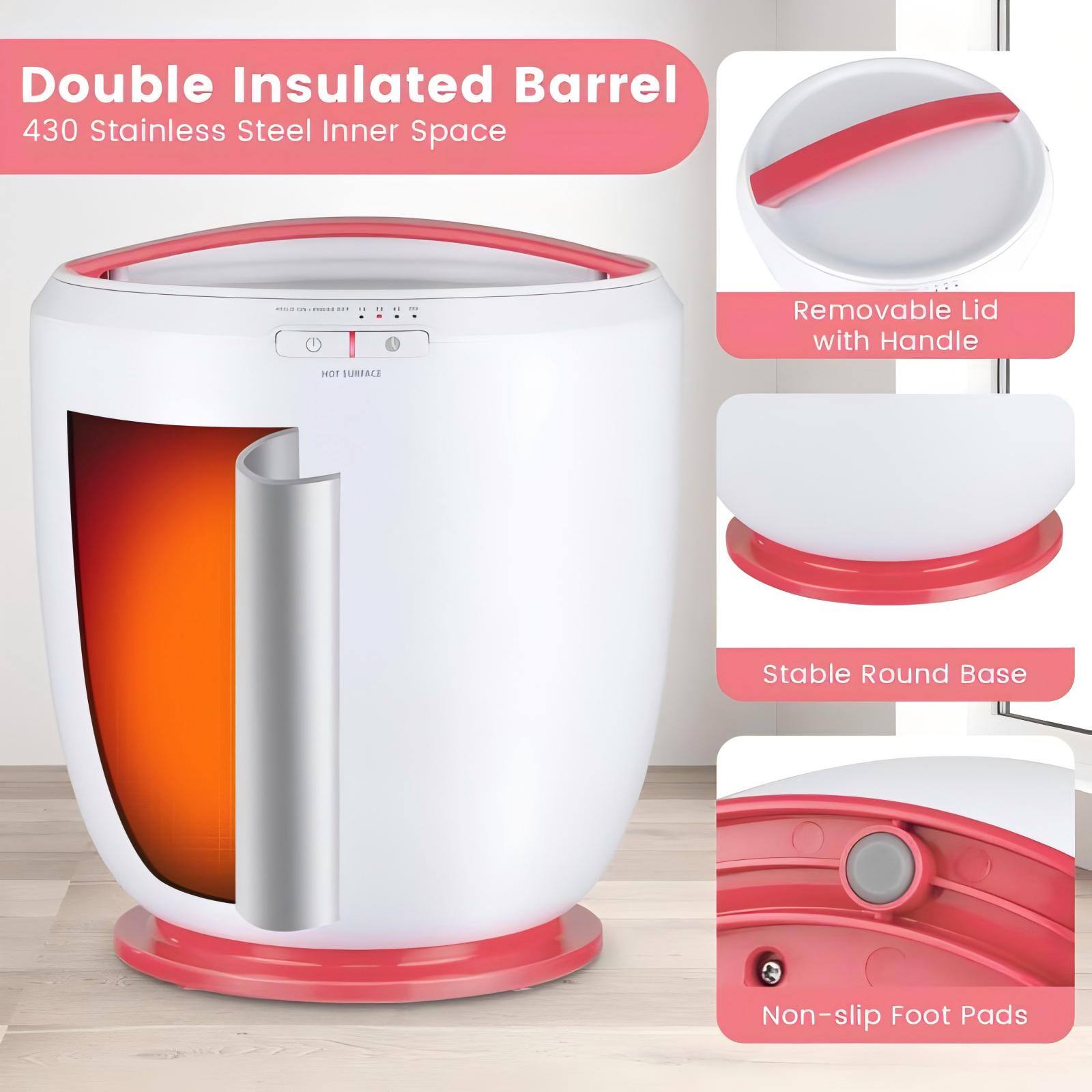 Double Insulated Barrel 430 Stainless Steel Inner Space | Removable Lid with Handle | Stable Round Base | Non-slip Foot Pads