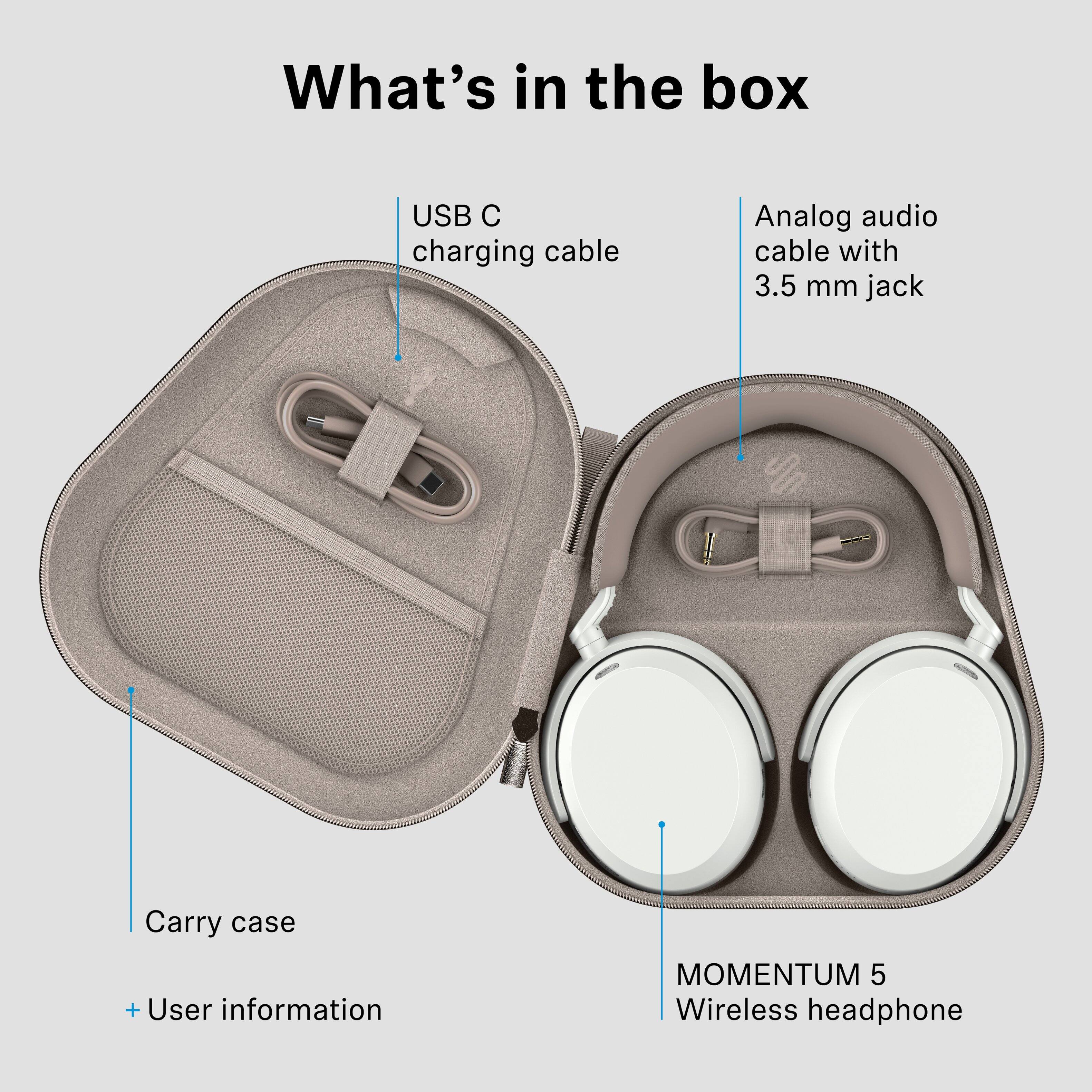 What's in the box:
- USB C charging cable
- Analog audio cable with 3.5 mm jack
- Carry case
- User information
- MOMENTUM 5 Wireless headphone