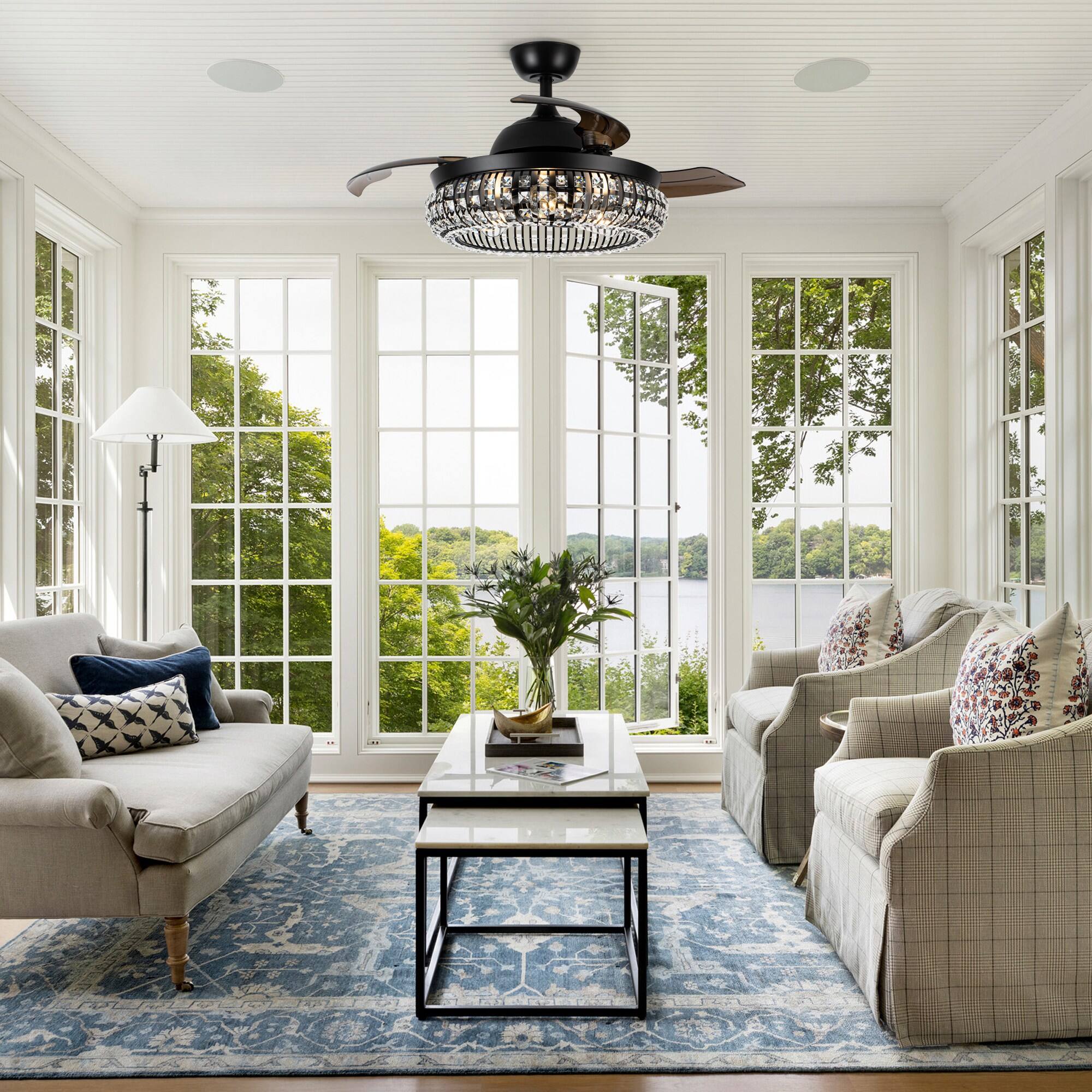 Back. Parrot Uncle - 42" Modern Black 3-Light Crystal Ceiling Fan with Remote - Black.