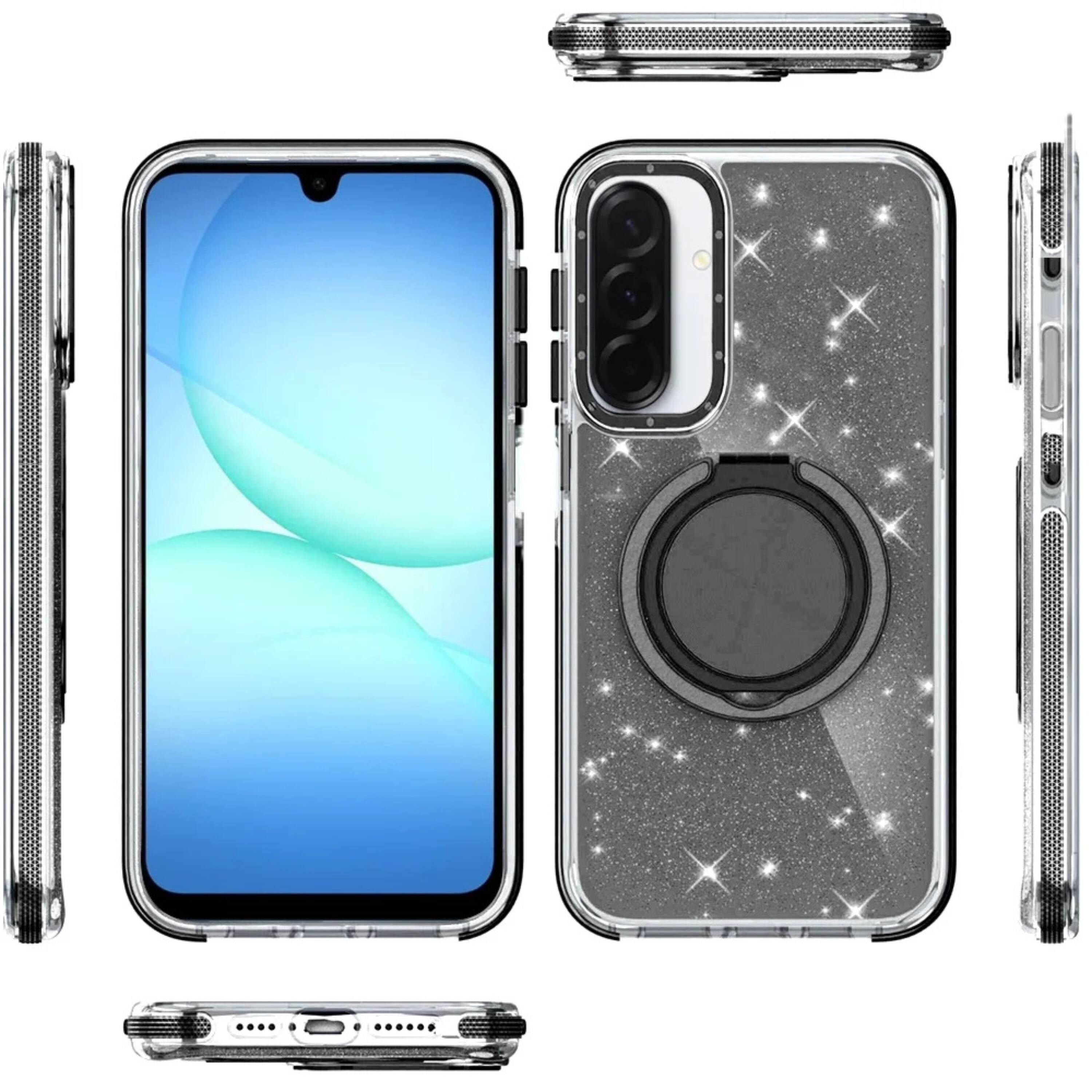 Left. Kitcheniva - Magnetic Circle Glitter Case For Samsung A17 5G With Ring Stand And Tempered Glass Black - Black.
