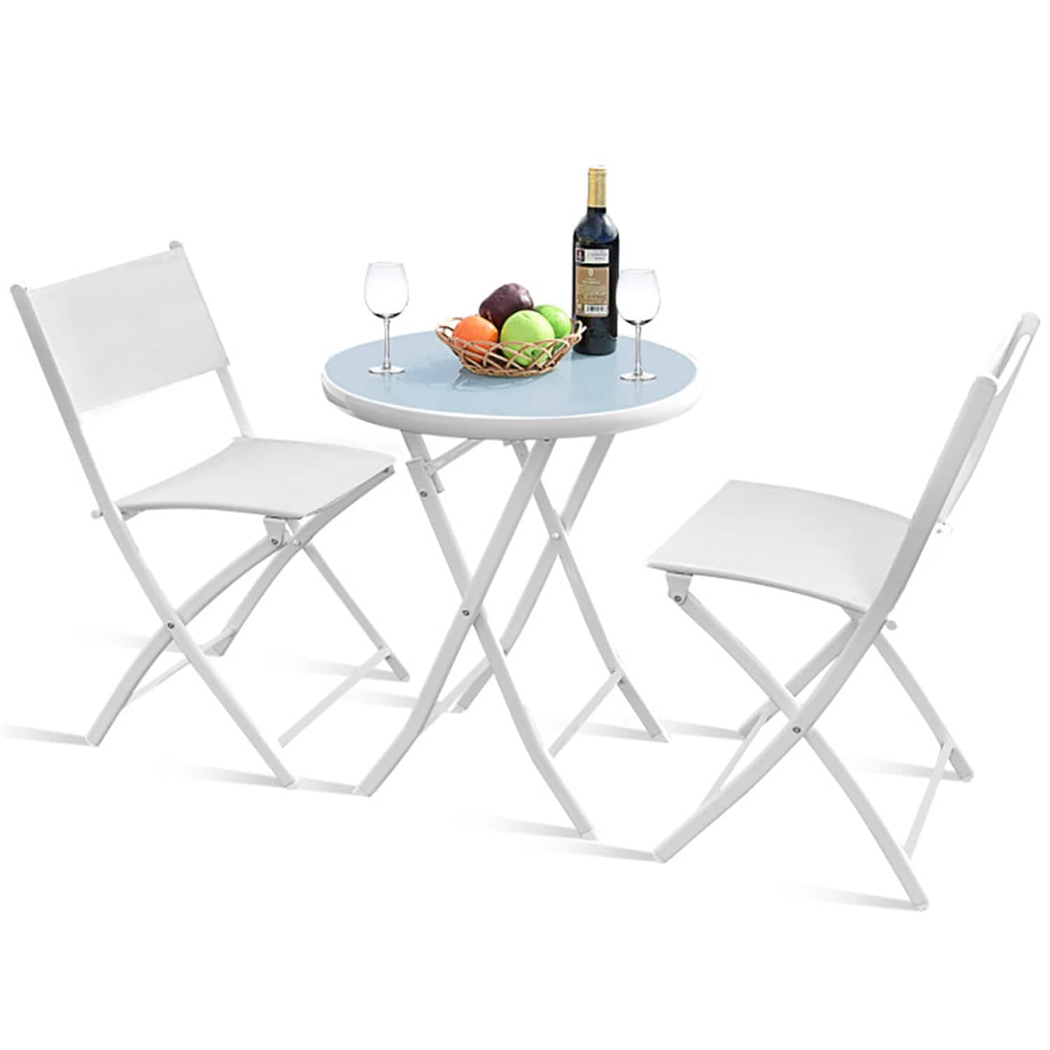 Kadyn - Grand Patio Folding Bistro Furniture Set, 3 Piece Round Dining Table and Polyester Fabric Chairs - White