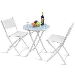 Kadyn - Grand Patio Folding Bistro Furniture Set, 3 Piece Round Dining Table and Polyester Fabric Chairs - White