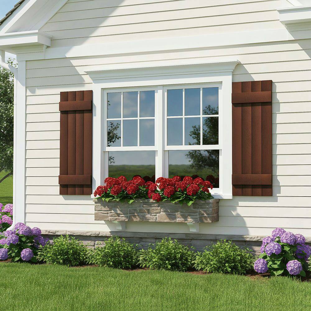 Left. Kadyn - Classic Board & Batten Faux Shutters with 2 Horizontal Bars for Timeless and Durable Exterior Elegance, 14"x31", Red - Red.