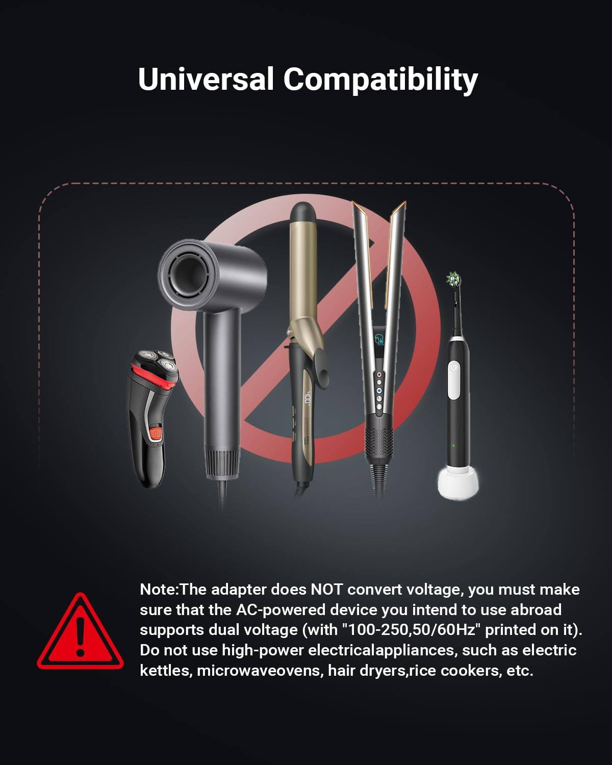 Universal Compatibility

Note: The adapter does NOT convert voltage, you must make sure that the AC-powered device you intend to use abroad supports dual voltage (with "100-250,50/60Hz" printed on it). Do not use high-power electrical appliances, such as electric kettles, microwave ovens, hair dryers, rice cookers, etc.