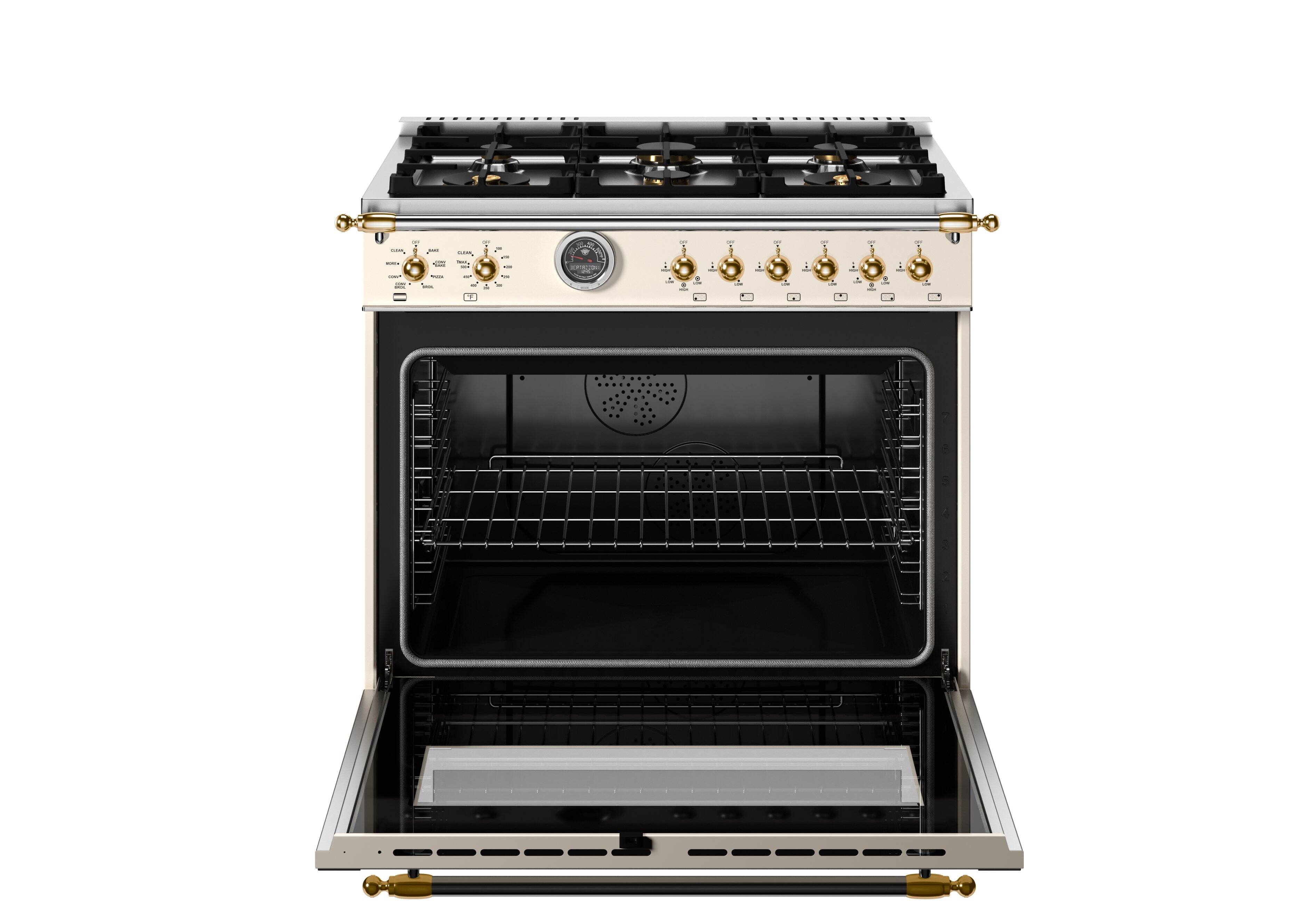 Left. Bertazzoni - 36" Heritage Series 5.7 Cu. Ft. Freestanding Dual Fuel Range - Avorio/Gold - Ivory.