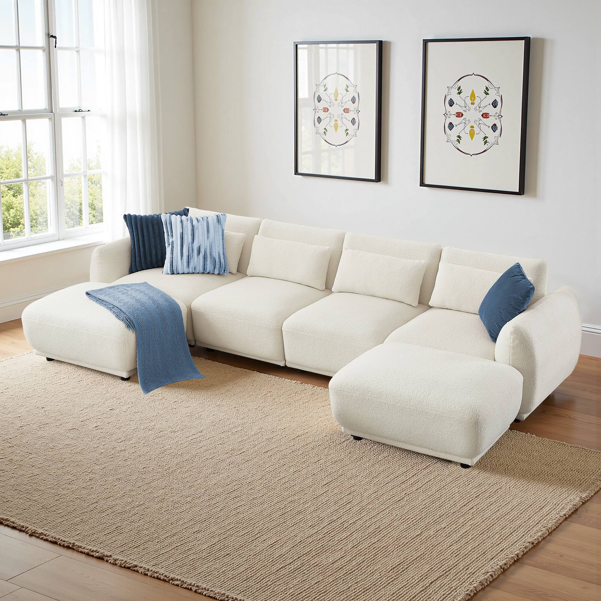 Alt View 2. Meqiodas - Modern Sectional Sofa, Modular L-Shaped Cloud Couch, Convertible Modular Sectional Sofa with Ottoman - Beige(4+2).