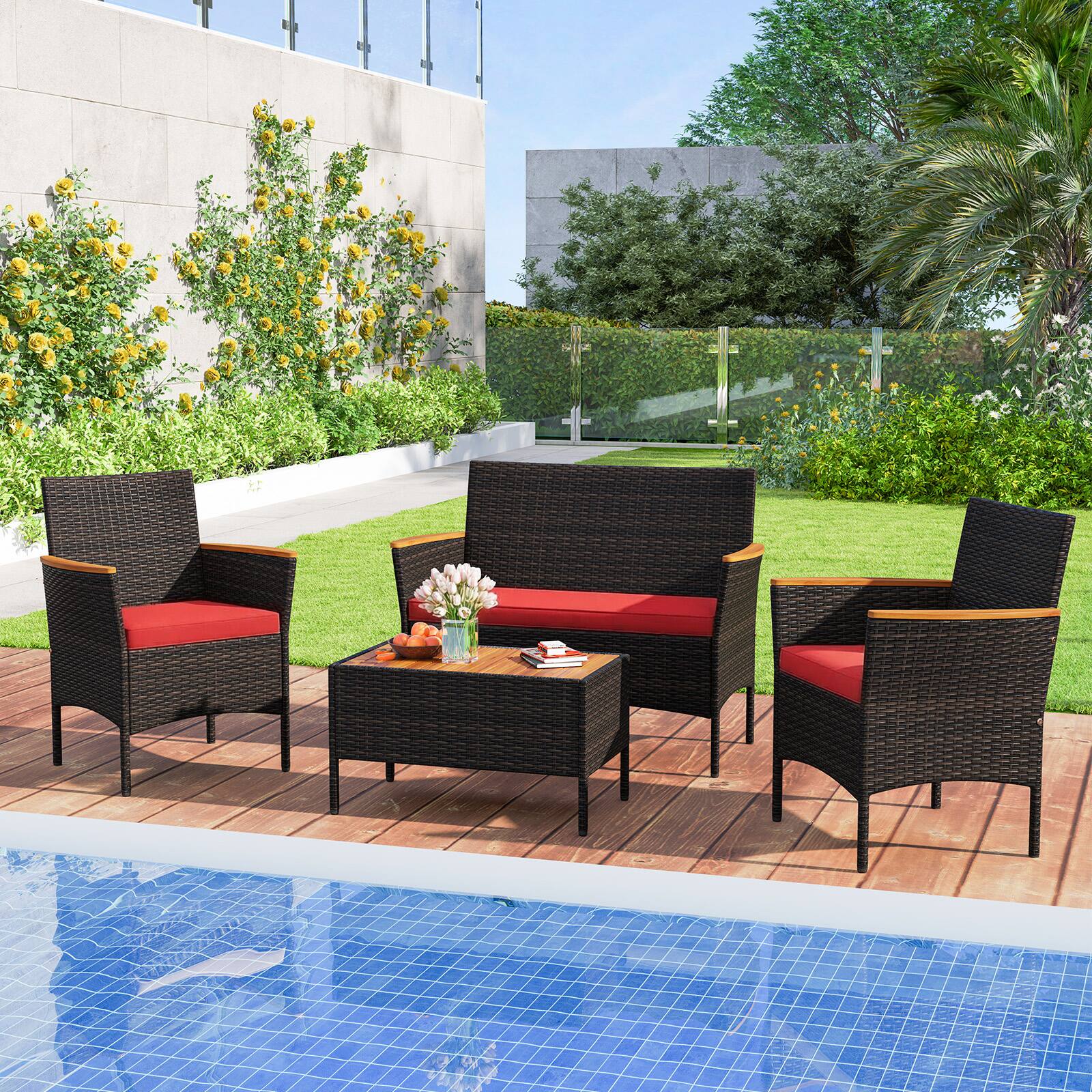 Alt View 7. Gymax - Gymax 8 PCS Patio Wicker Sofa Set w/ Coffee Table Acacia Wood Armrests & Tabletop Mix Brown & Red - Red.
