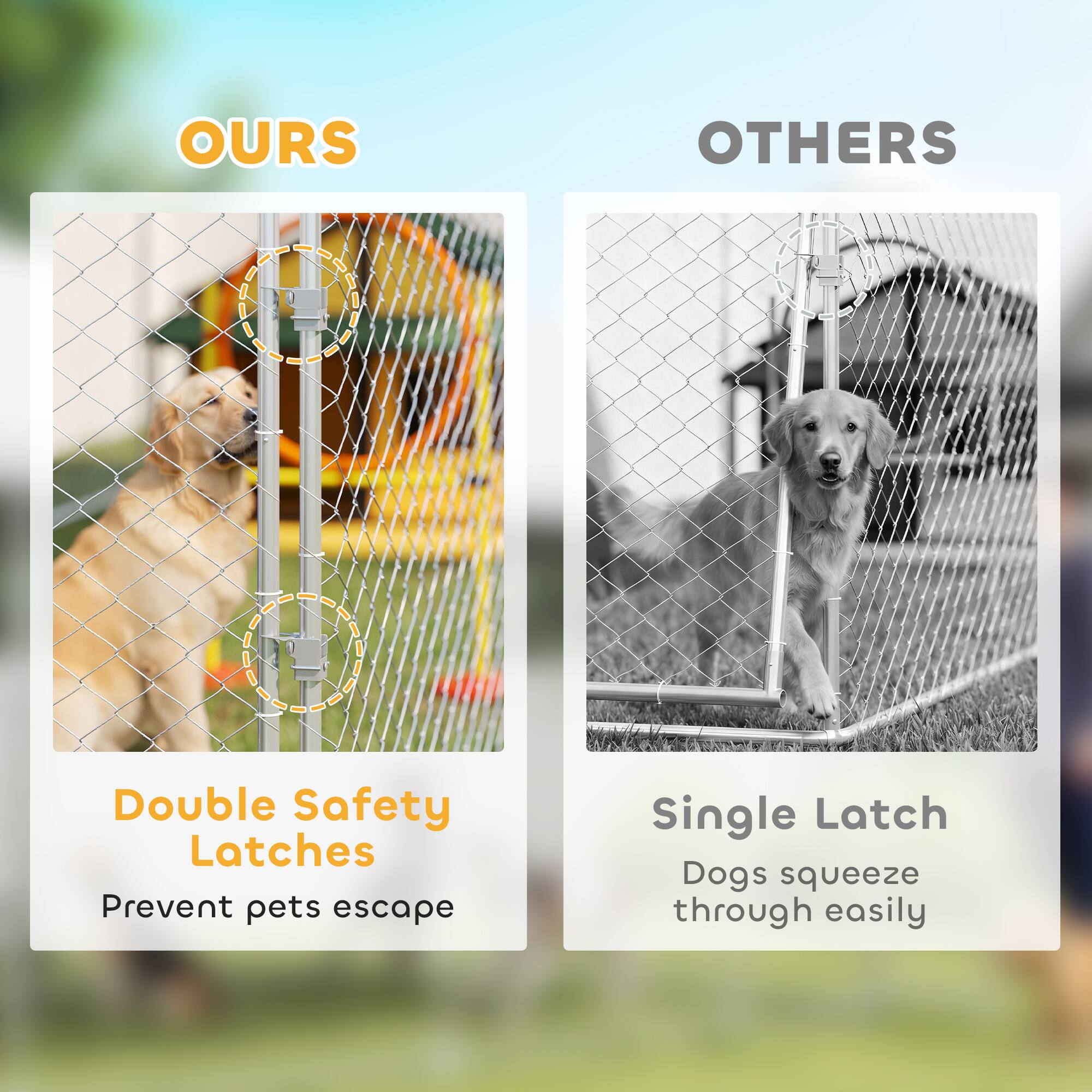 OURS  
Double Safety Latches  
Prevent pets escape  

OTHERS  
Single Latch  
Dogs squeeze through easily