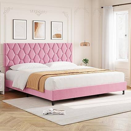Front. GARVEE - King Size Platform Bed Frame Pink Upholstered Headboard No Box Spring Modern Bed Frame - Pink King.