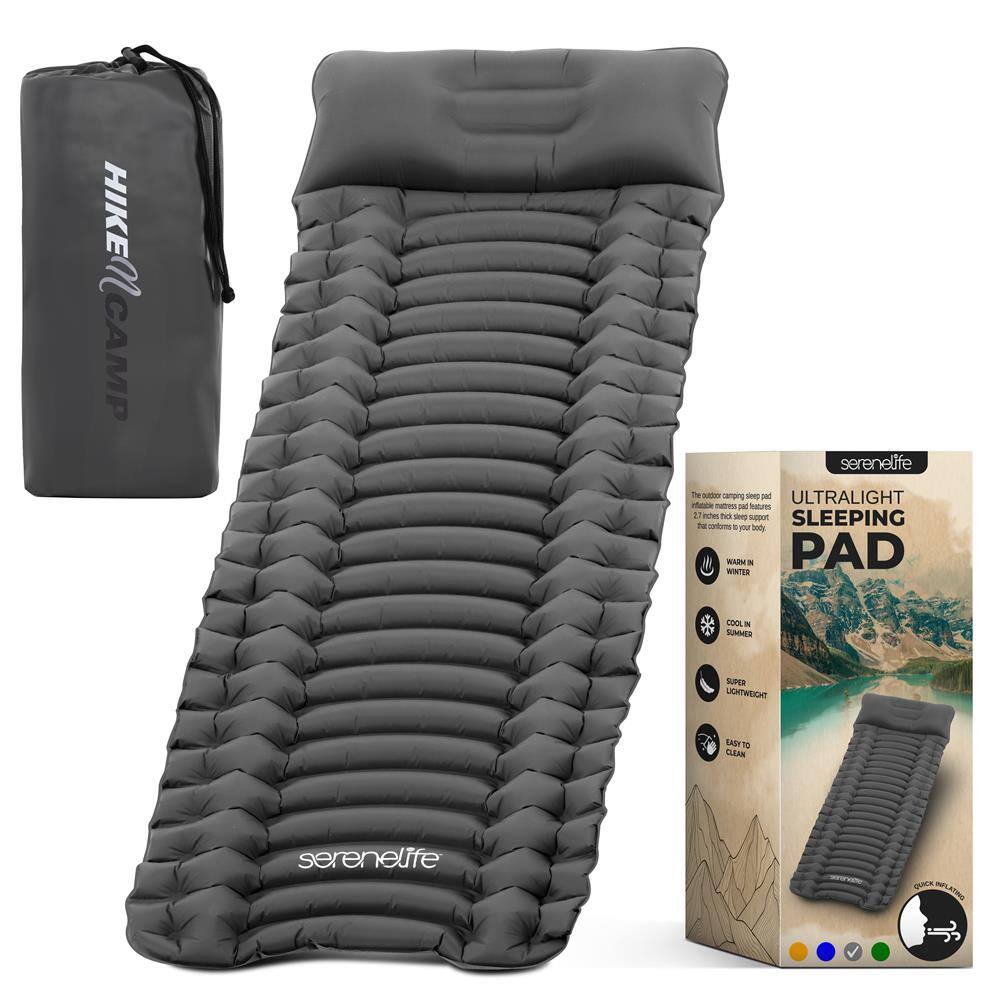 HIKE CAMP  
serenelife  

ULTRALIGHT SLEEPING PAD  
- WARM IN WINTER  
- COOL IN SUMMER  
- SUPER LIGHTWEIGHT  
- EASY TO CLEAN  

QUICK INFLATION