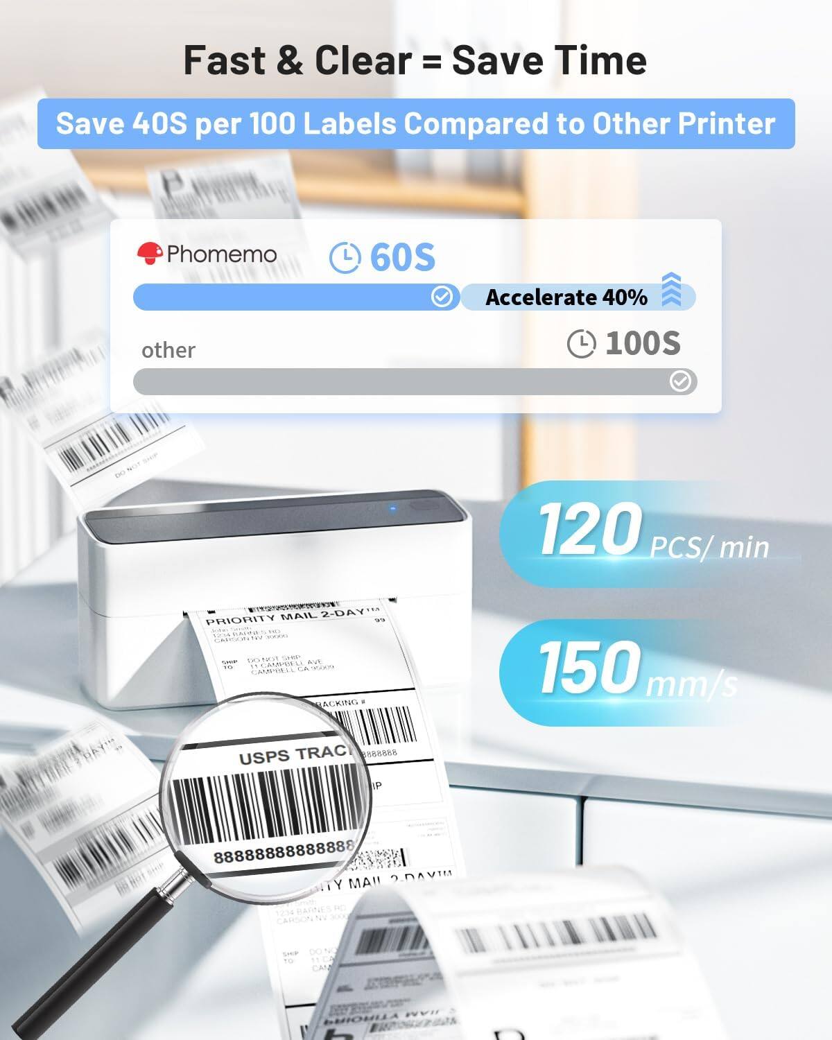 Fast & Clear = Save Time

Save 40S per 100 Labels Compared to Other Printer

Phomemo 60S  
Accelerate 40%  
other 100S

120 PCS/min  
150 mm/s

USPS TRAC  
88888888888888888888888888888888888888888888888888888888888888888888888888888888888888888888888888888888888888888888888888888888888888888888888888888888888888888888888888888888888888888888888888
