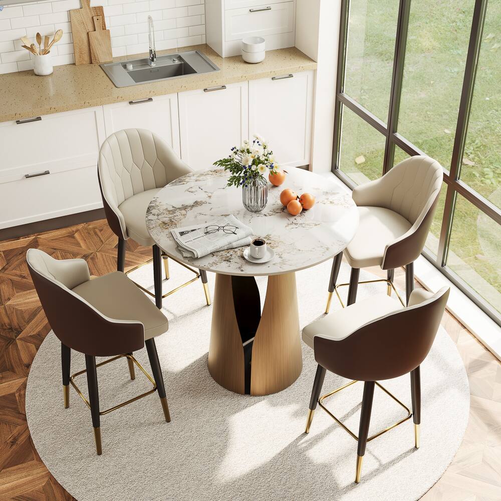Left. POVISON - 35" Modern Round Counter Height Bar Table for 2-4 People, Pandora Glossy Bistro Table with Bronze Base - Pandora & Bronze.