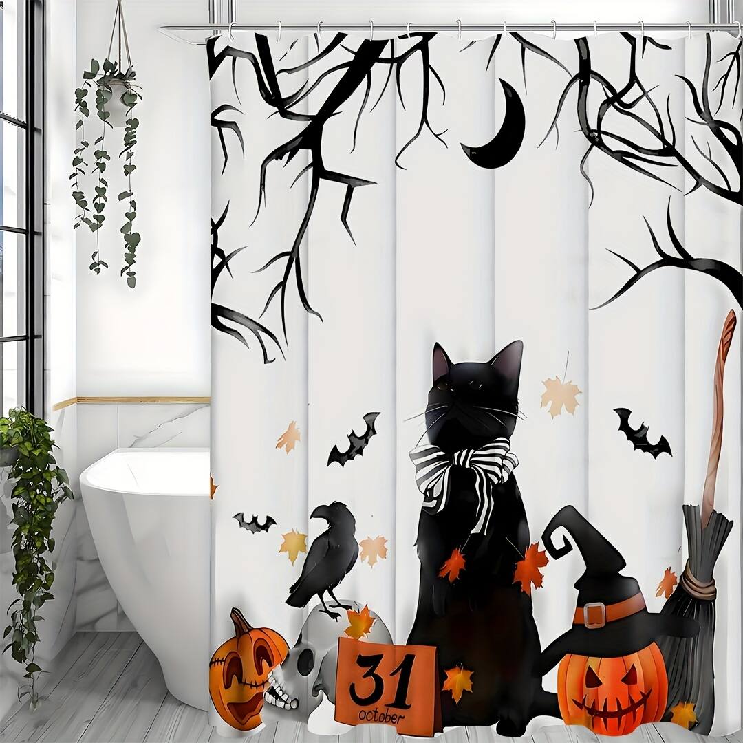 Left. blue - Spooky Halloween Shower Curtain Set - Vibrant Printed Design,12 Hooks - 1Pcs, Pumpkin Lantern, Black Cat - black and white200.
