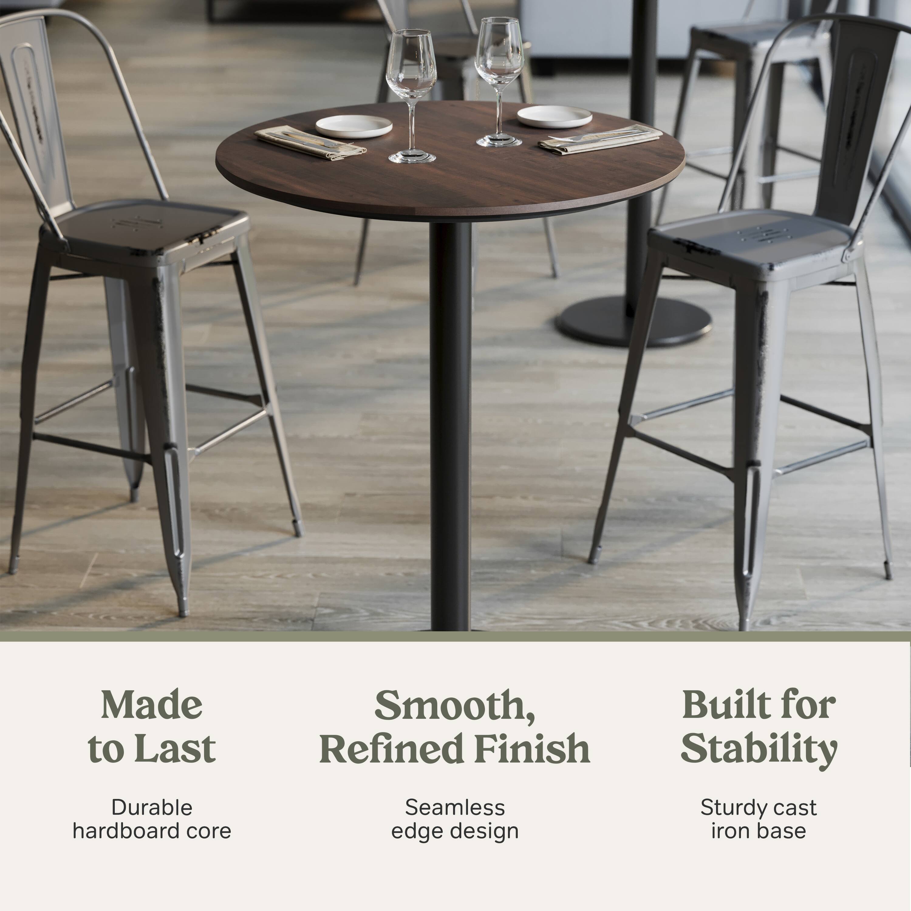 Made to Last  
Durable hardboard core  

Smooth, Refined Finish  
Seamless edge design  

Built for Stability  
Sturdy cast iron base