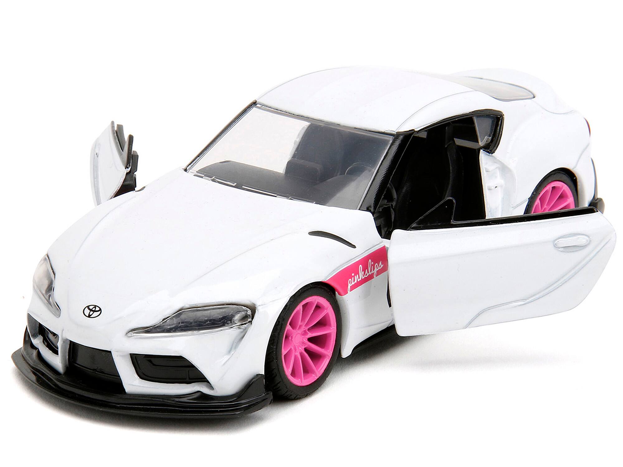 Angle. Jada - 2020 Toyota Supra White Metallic with Pink Wheels "Pink Slips" Series 1/32 Diecast Model Car by Jada - White Metallic With Pink.