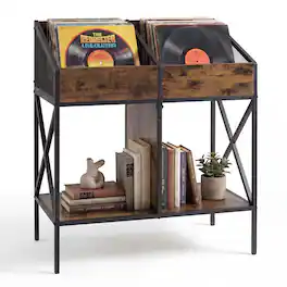 Costway - 4-Grid Vinyl Record Storage Rack 2-Tier Display Shelf Holds up to 250 Albums Rustic - Rustic Brown