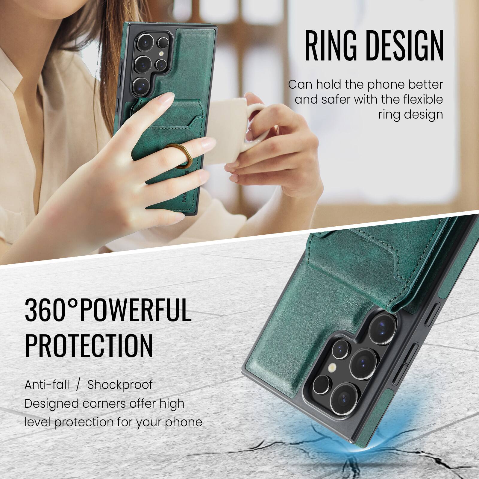 RING DESIGN  
Can hold the phone better and safer with the flexible ring design  

360° POWERFUL PROTECTION  
Anti-fall / Shockproof  
Designed corners offer high level protection for your phone