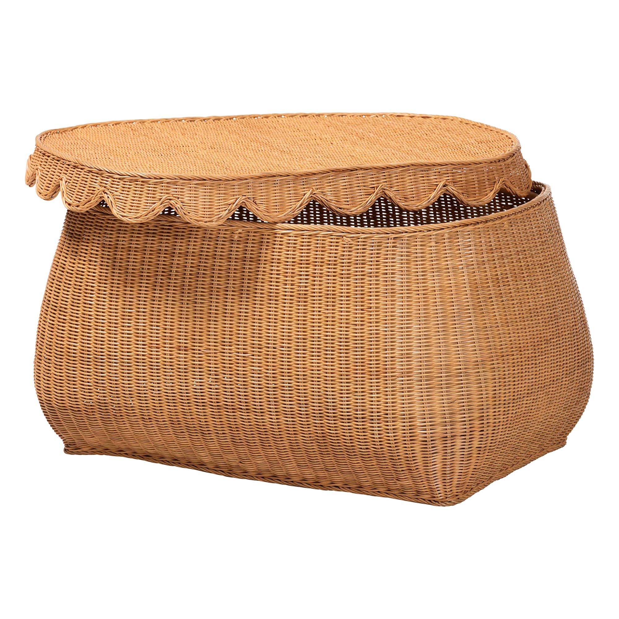 Angle. bali & pari - Ayleen Natural Rattan Basket with Scalloped Lid – Handwoven Wicker Storage Box, Boho Coastal Home Décor, Large - Light Honey.