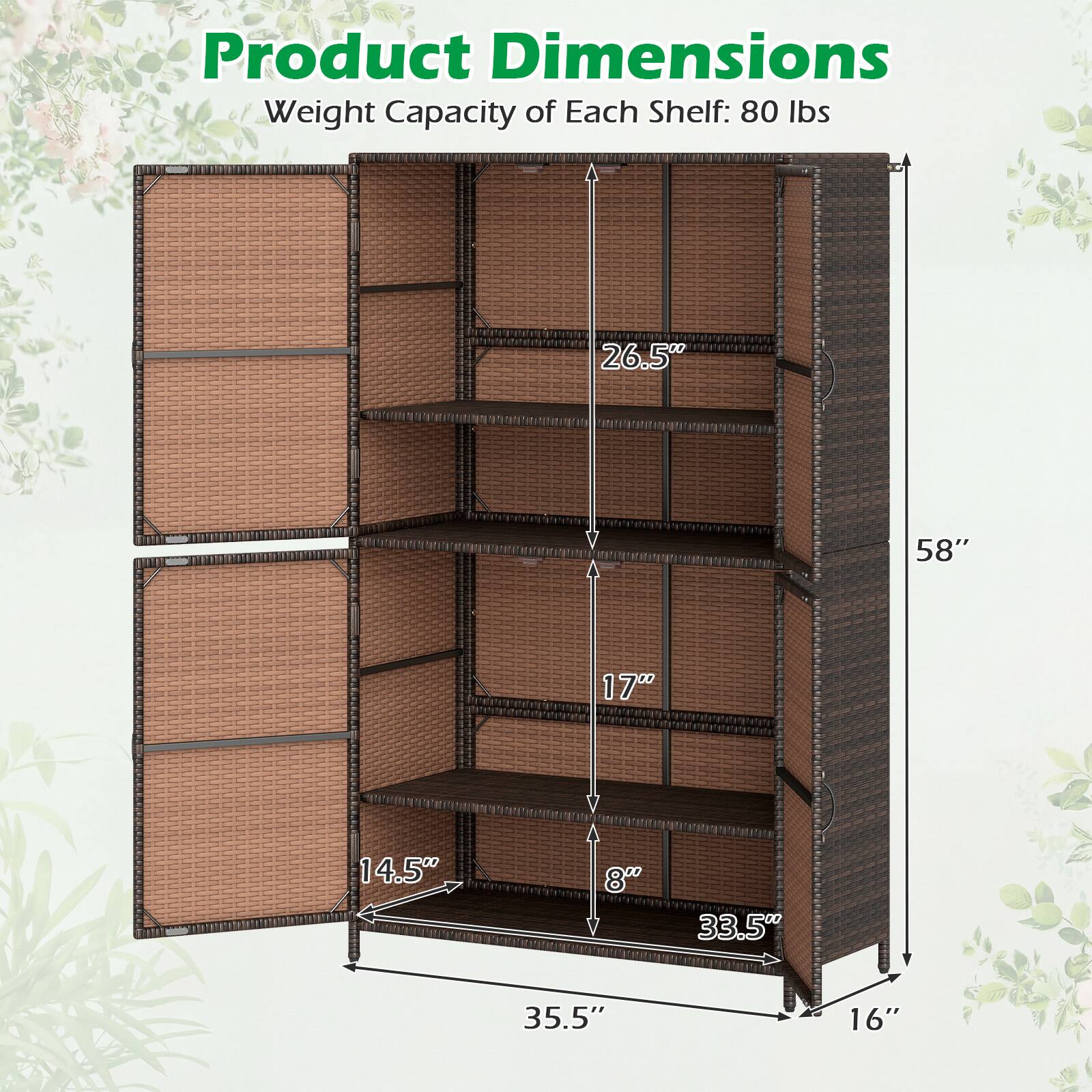Product Dimensions  
Weight Capacity of Each Shelf: 80 lbs  
Height: 58"  
Width: 35.5"  
Depth: 16"  
Shelf Height: 14.5"  
Shelf Width: 26.5"