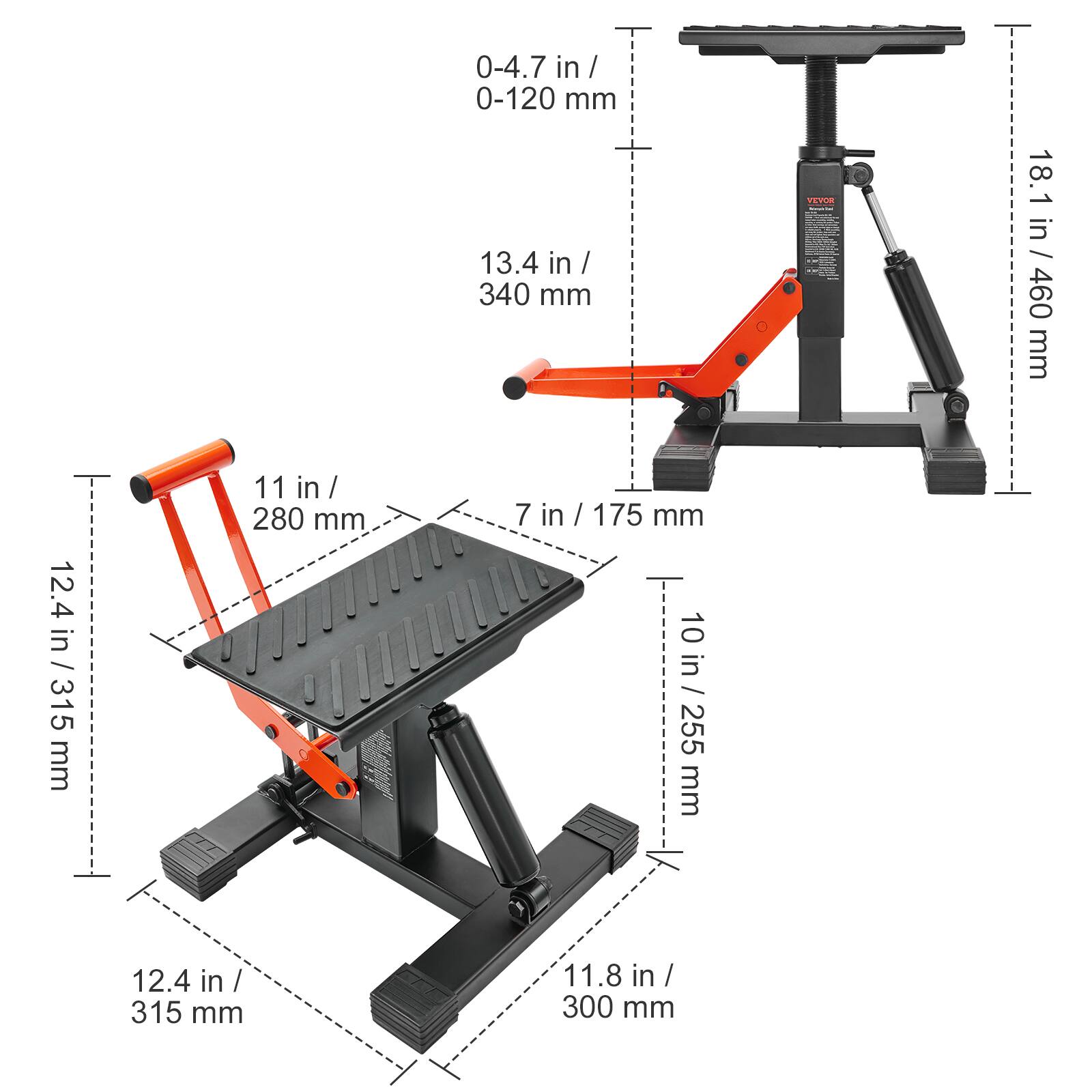 0-4.7 in / 0-120 mm  
13.4 in / 340 mm  
18.1 in / 460 mm  
12.4 in / 315 mm  
11 in / 280 mm  
7 in / 175 mm  
10 in / 255 mm  
12.4 in / 315 mm  
11.8 in / 300 mm